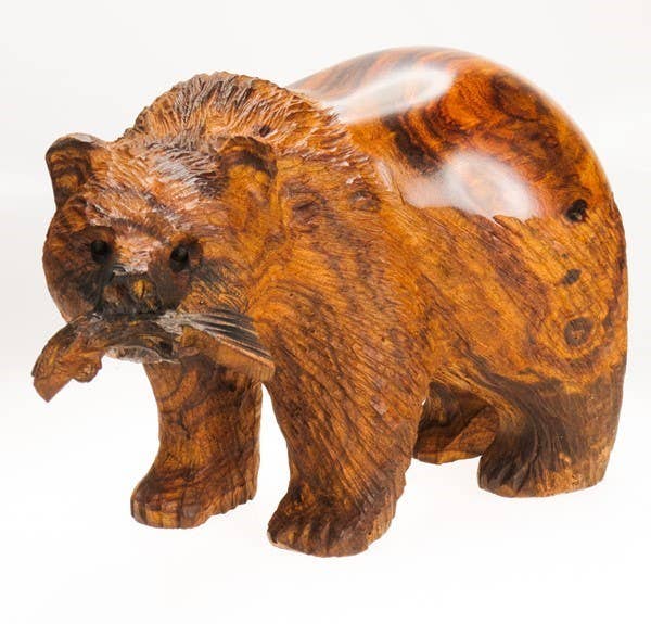 Grizzly Bear with Fish Ironwood Carving