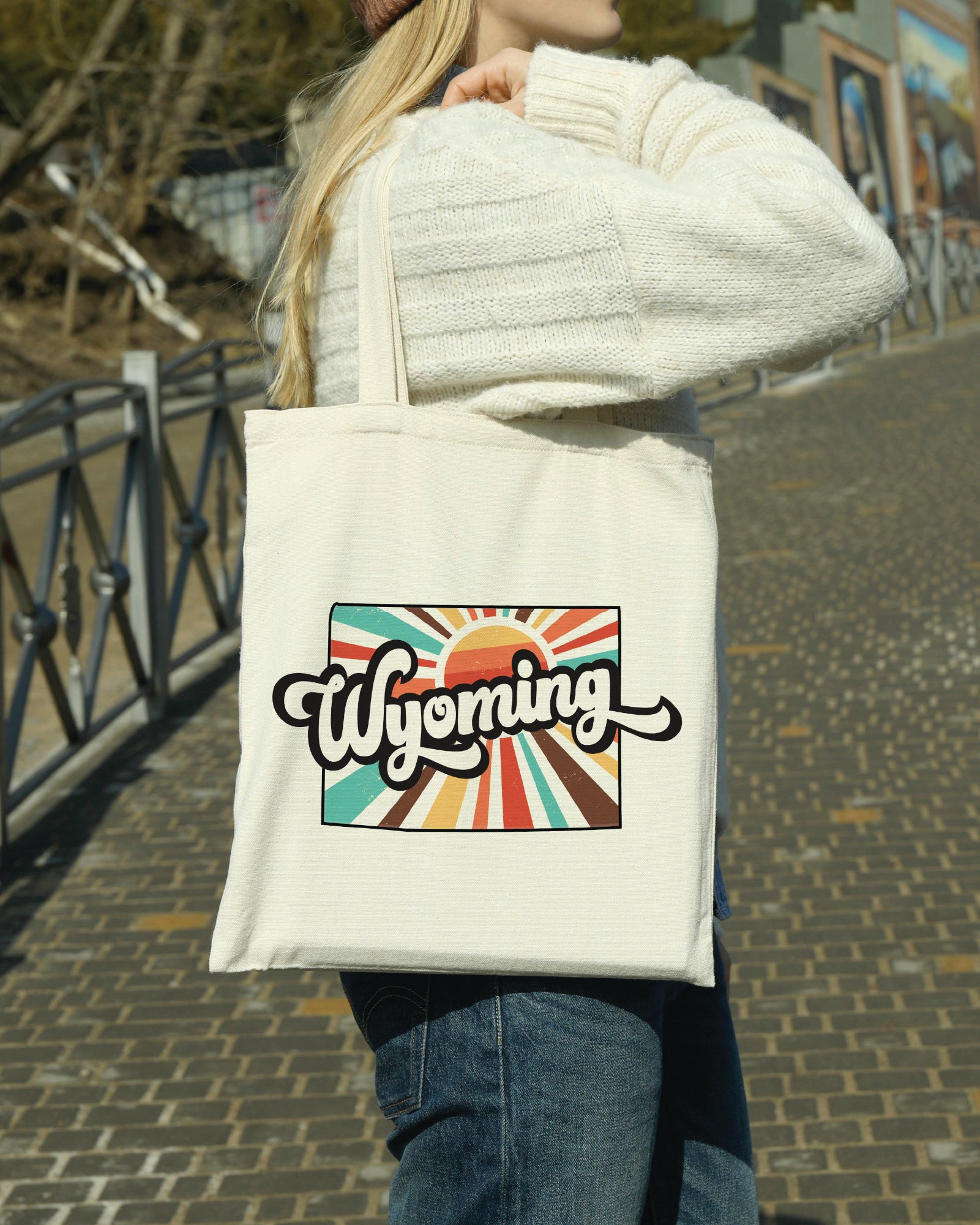 Wyoming State Sunburst Canvas Tote Bag