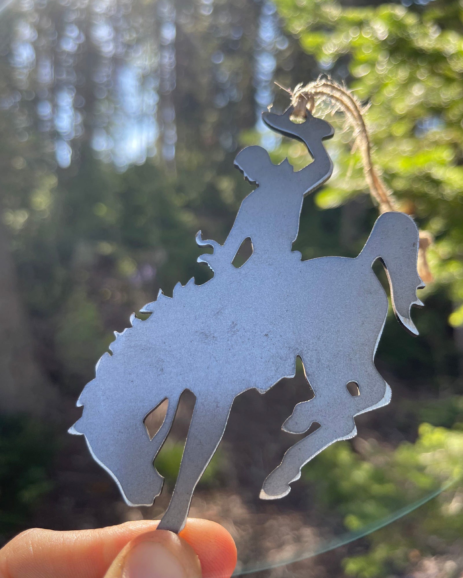 Wyoming Cowboy Bucking Bronco Raw Steel Metal Ornament