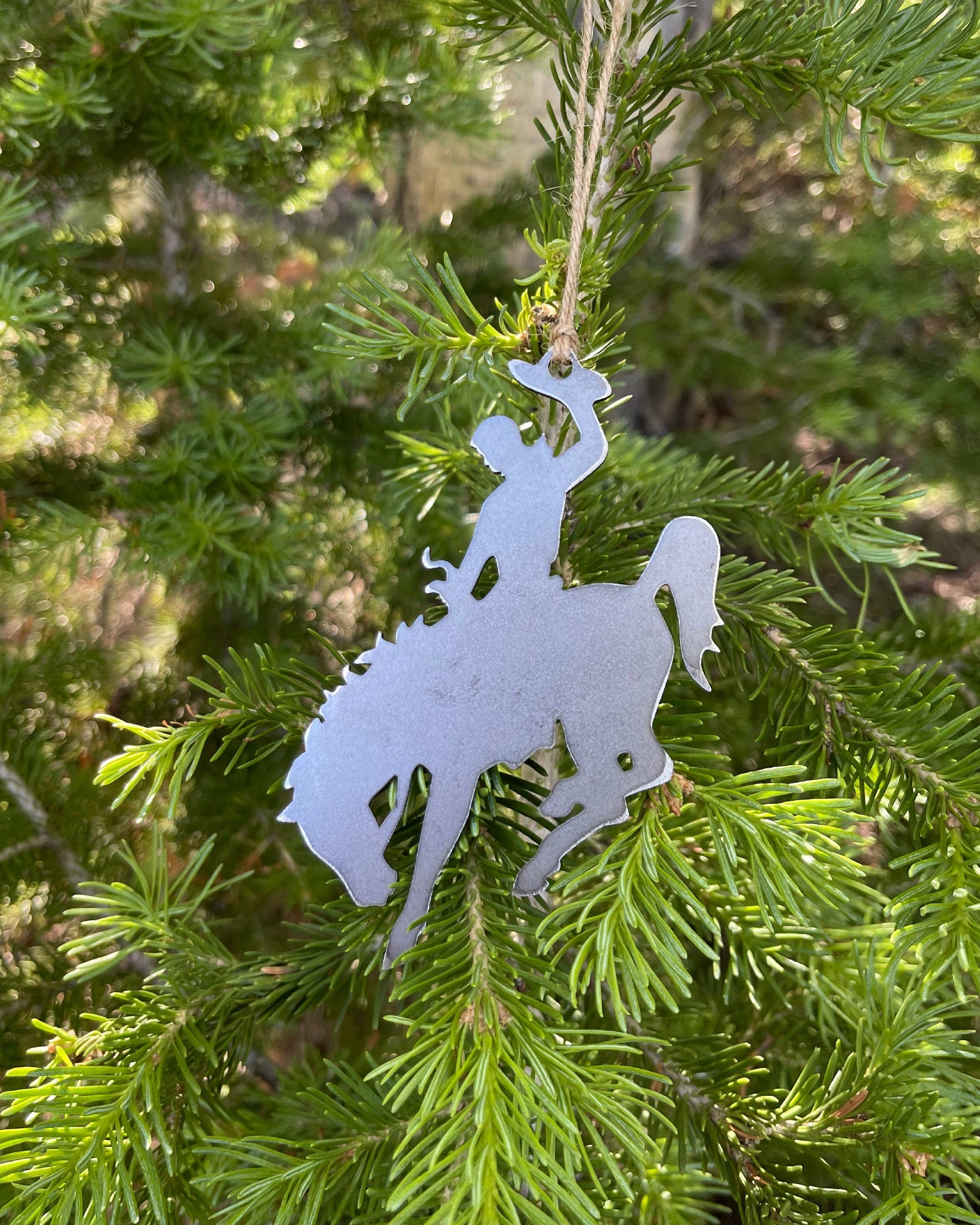Wyoming Cowboy Bucking Bronco Raw Steel Metal Ornament