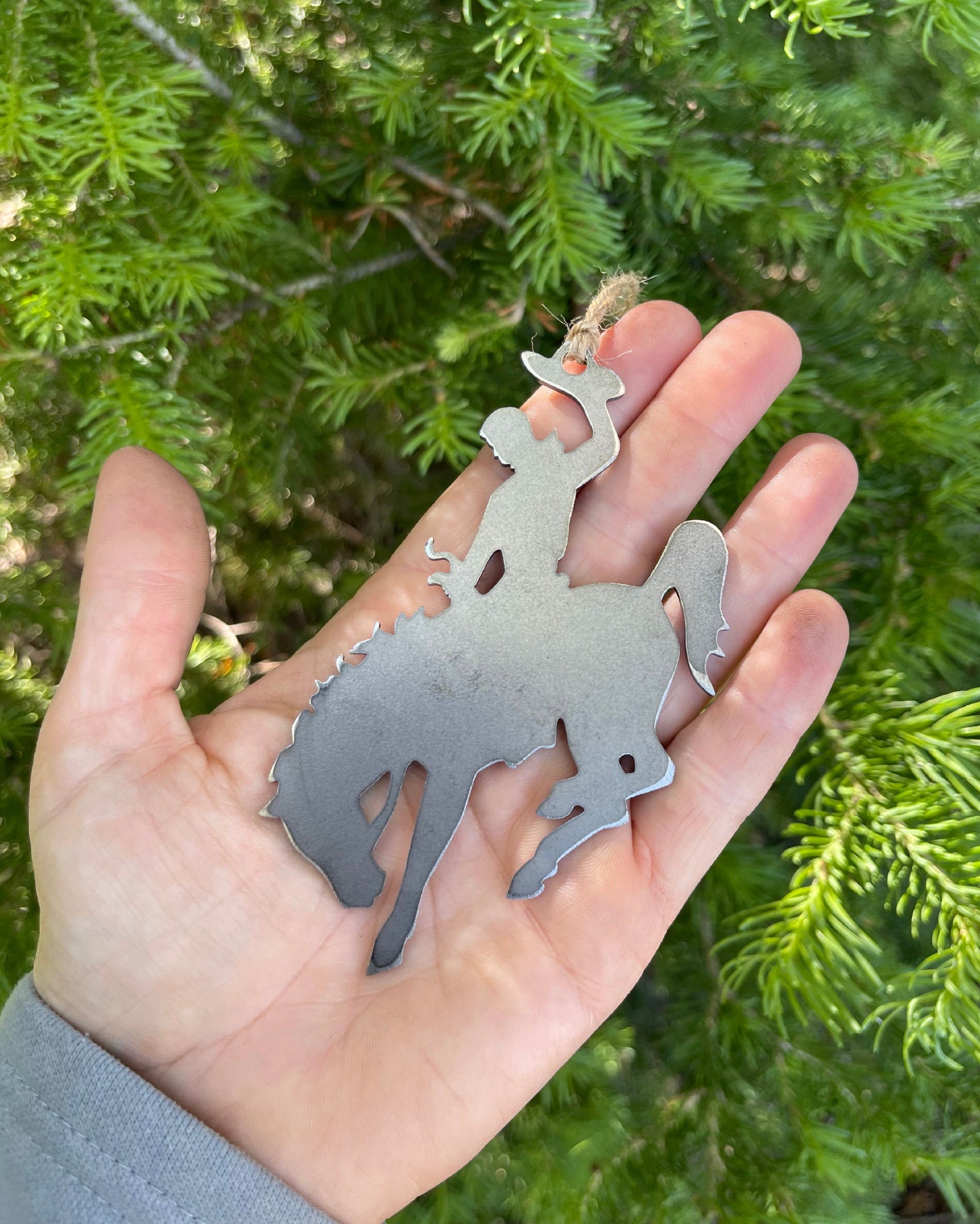 Wyoming Cowboy Bucking Bronco Raw Steel Metal Ornament