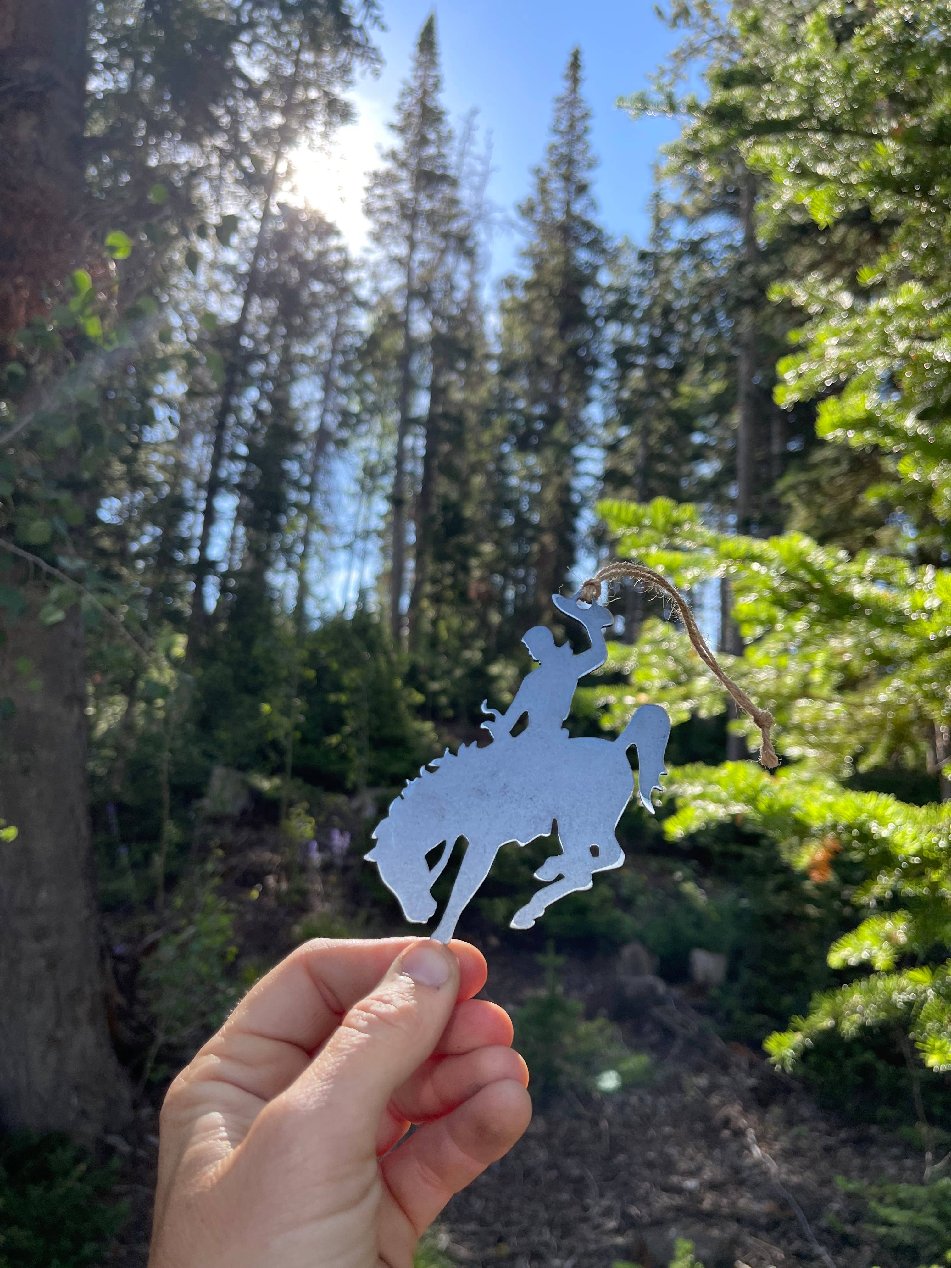 Wyoming Cowboy Bucking Bronco Raw Steel Metal Ornament