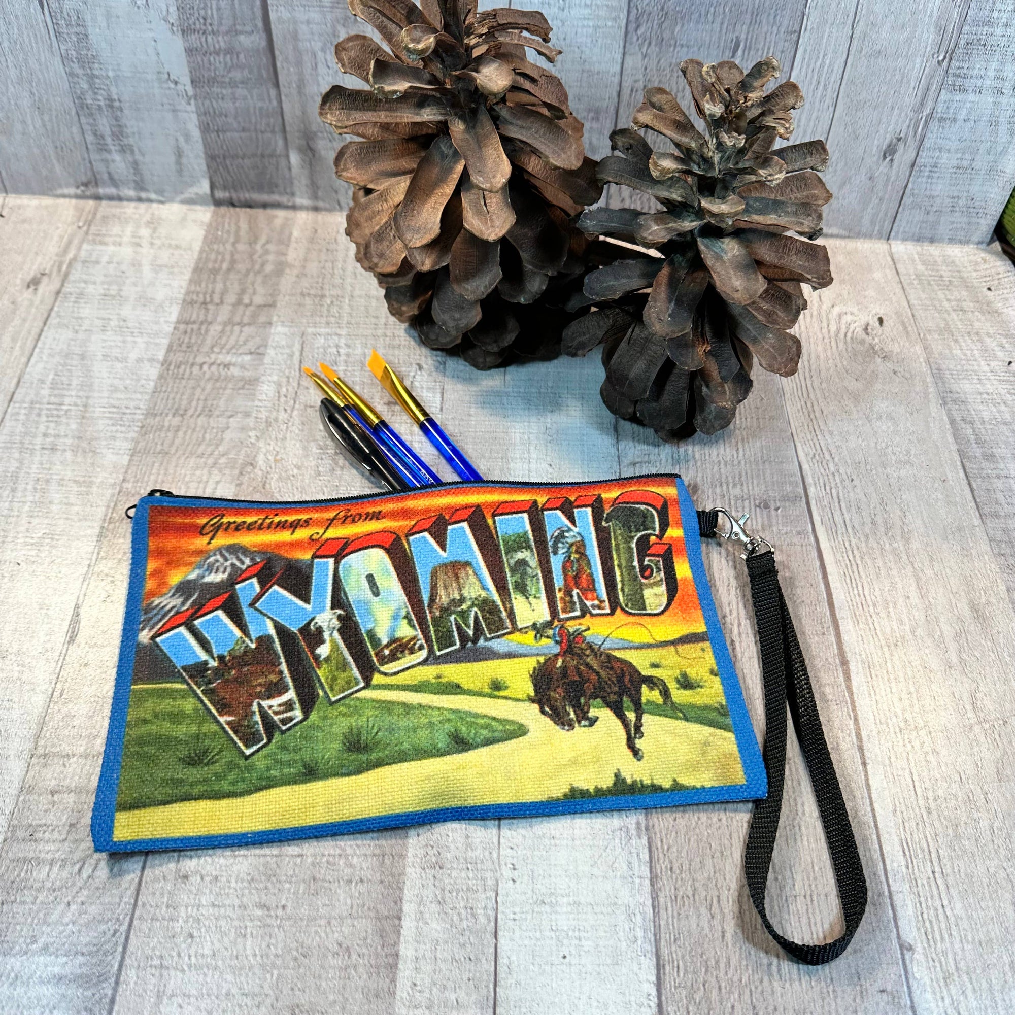 Greetings from Wyoming  linen bag with wristlet strap
