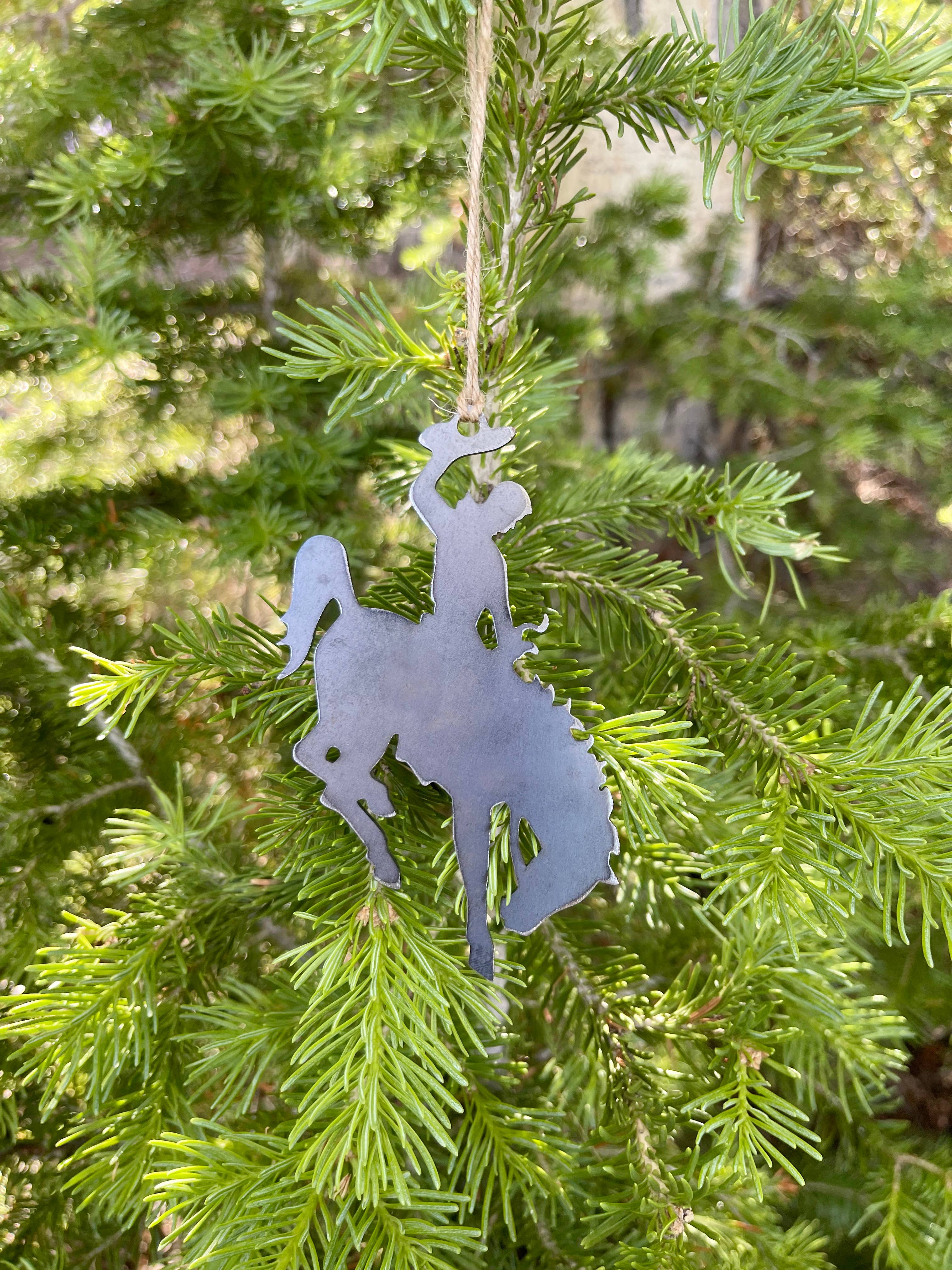 Wyoming Cowboy Bucking Bronco Raw Steel Metal Ornament