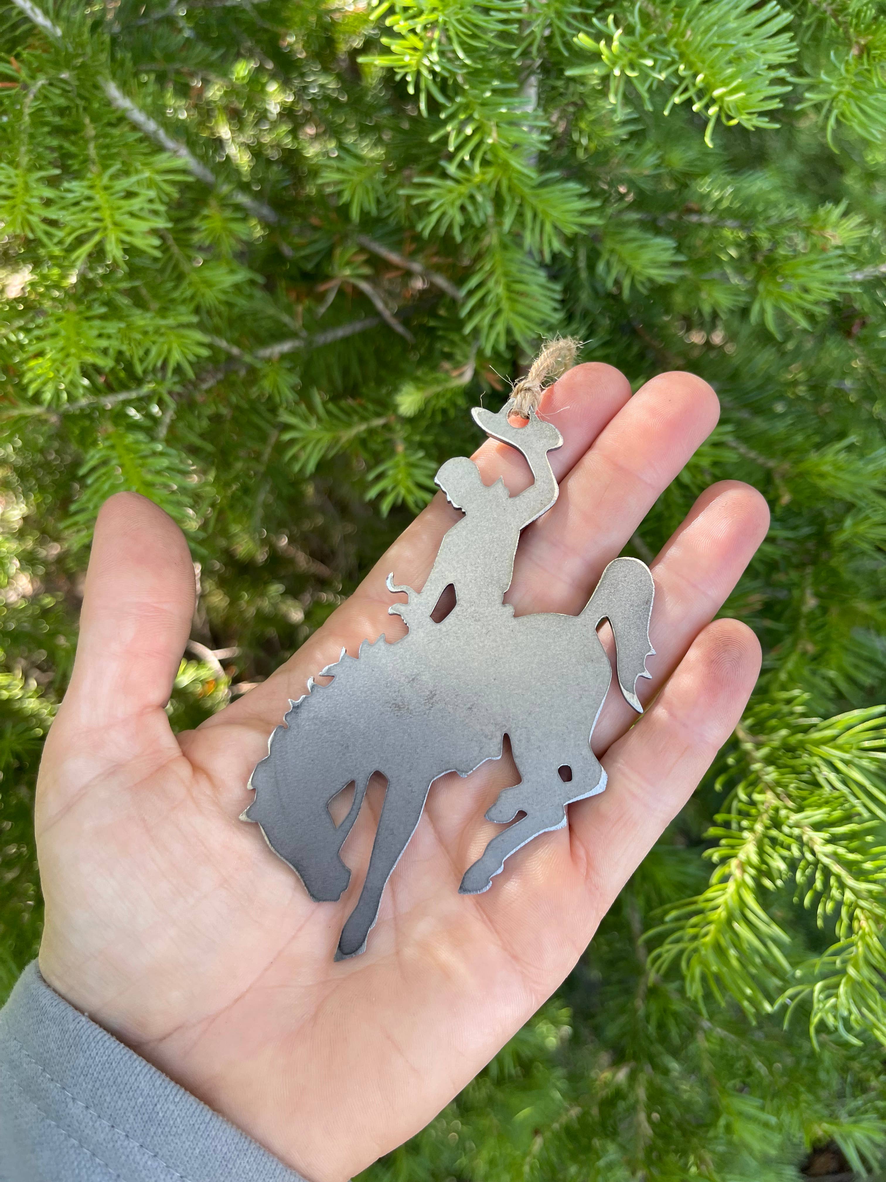 Wyoming Cowboy Bucking Bronco Raw Steel Metal Ornament