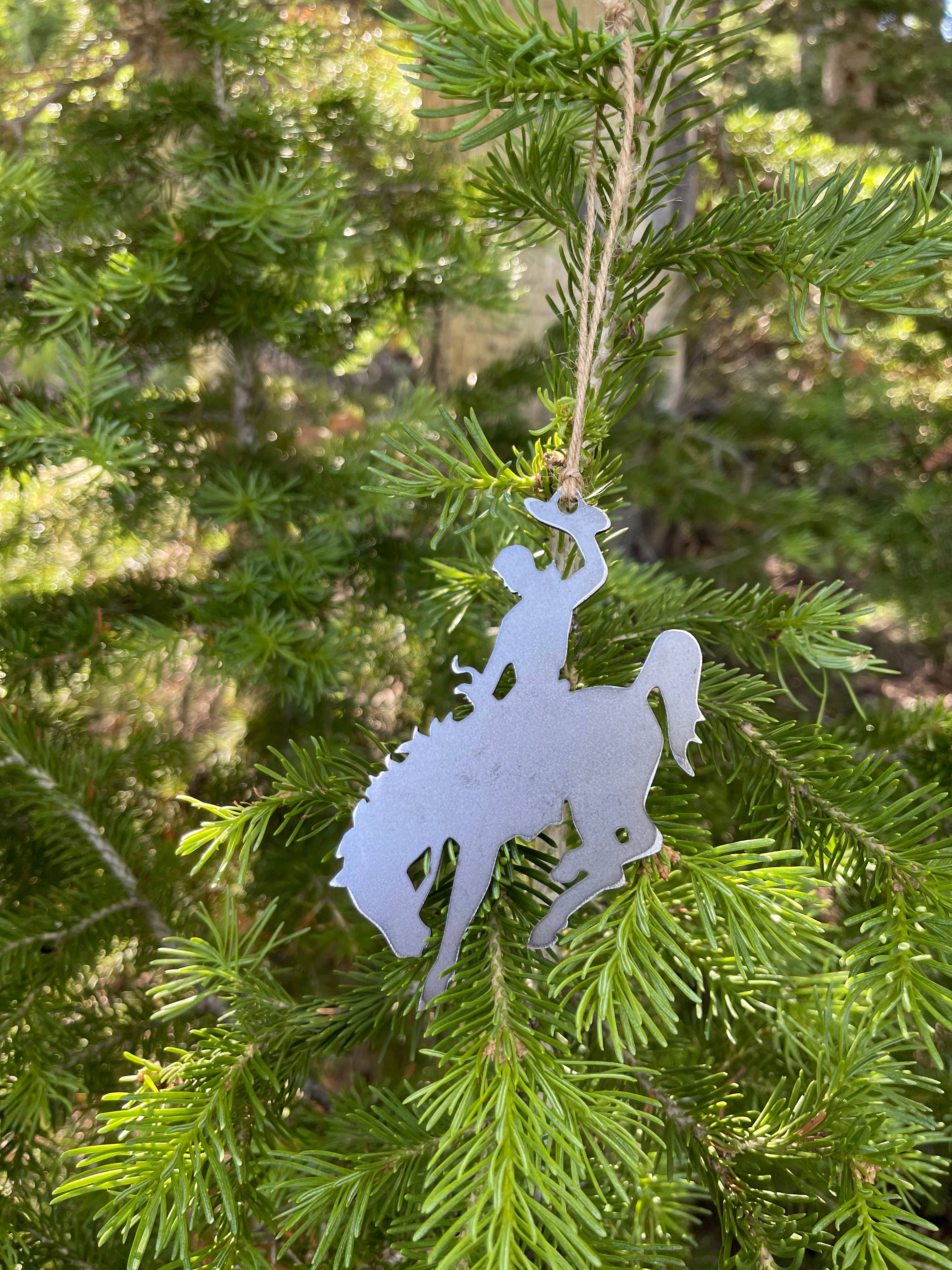 Wyoming Cowboy Bucking Bronco Raw Steel Metal Ornament