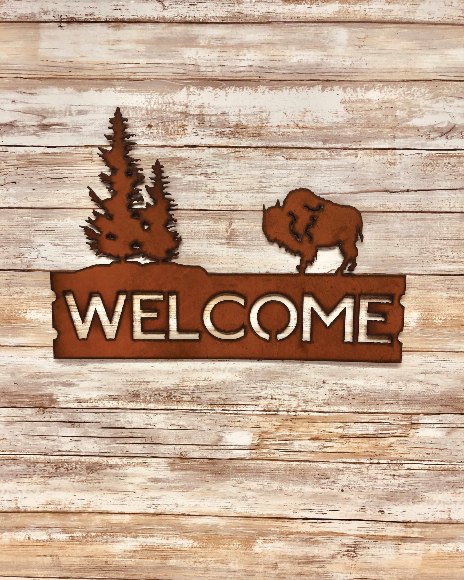 Buffalo and Double Pine Trees Horizontal Welcome Sign