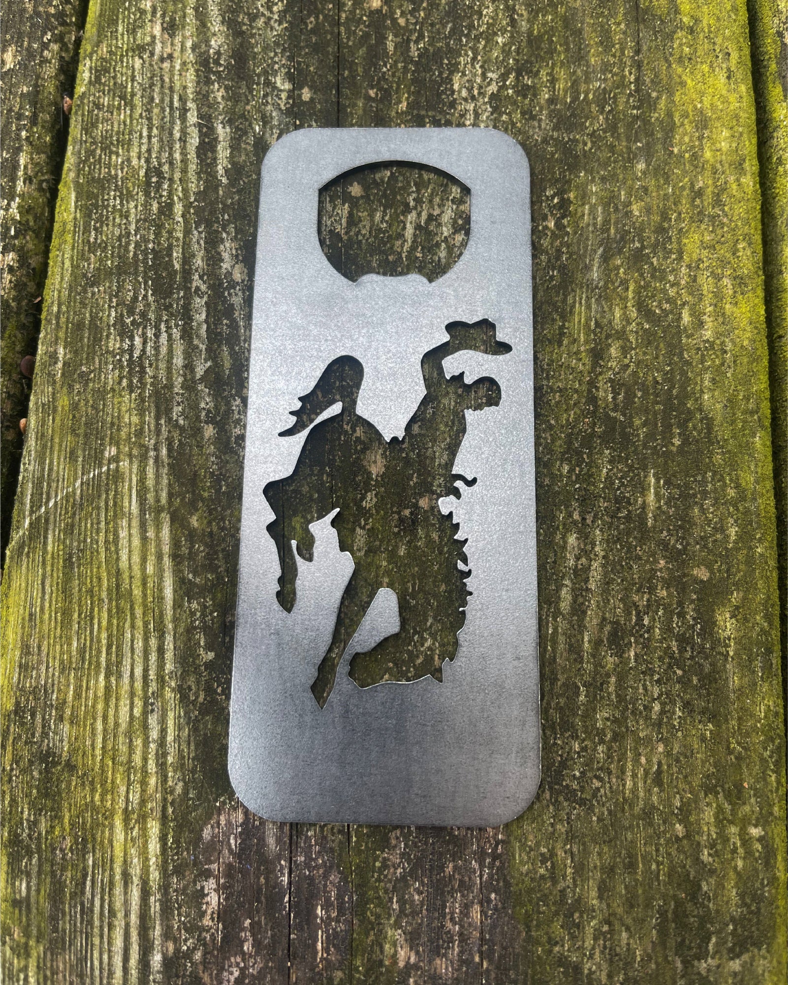 Cowboy Bucking Bronco Raw Steel Bottle Opener WYOMING