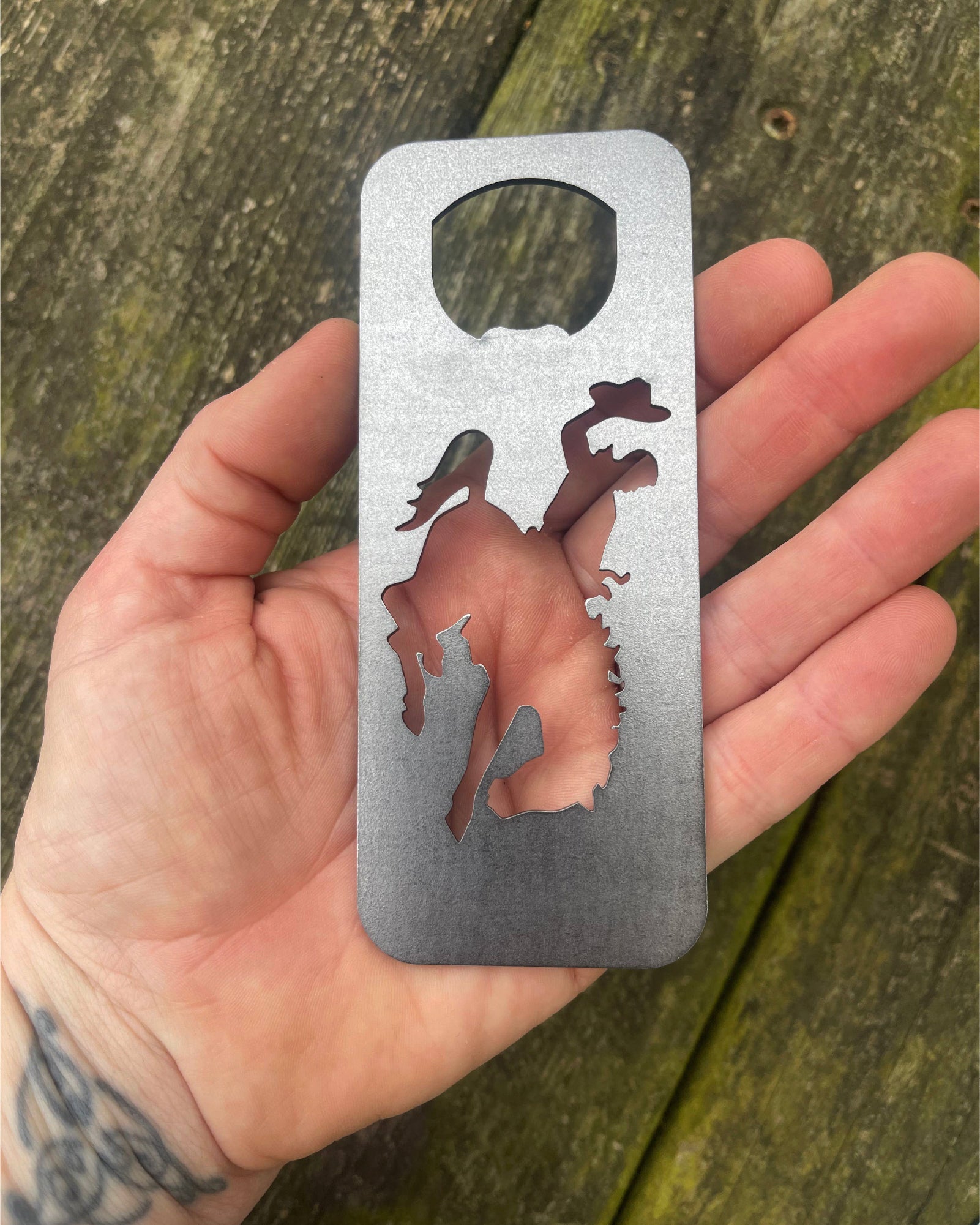 Cowboy Bucking Bronco Raw Steel Bottle Opener WYOMING