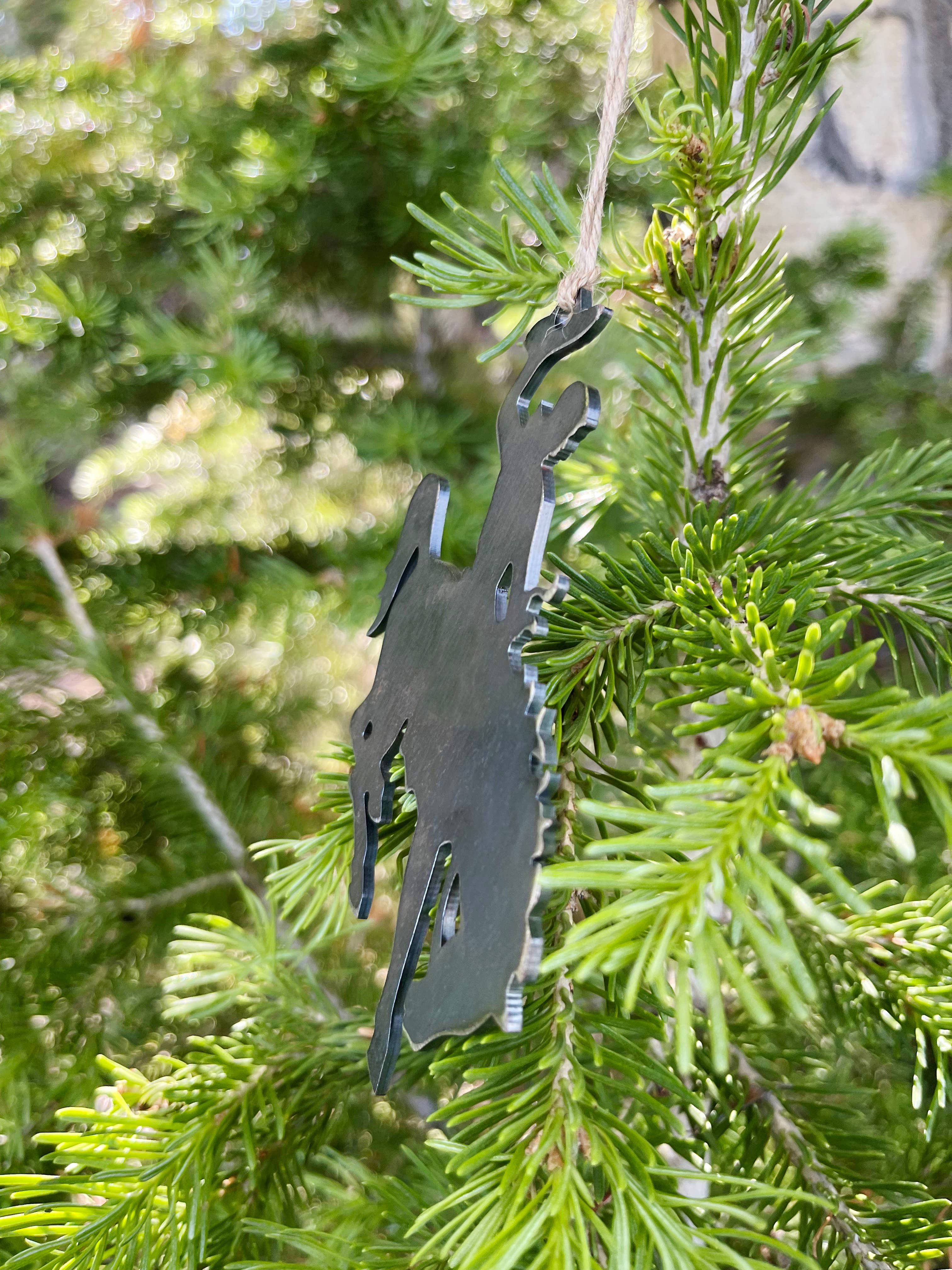 Wyoming Cowboy Bucking Bronco Raw Steel Metal Ornament