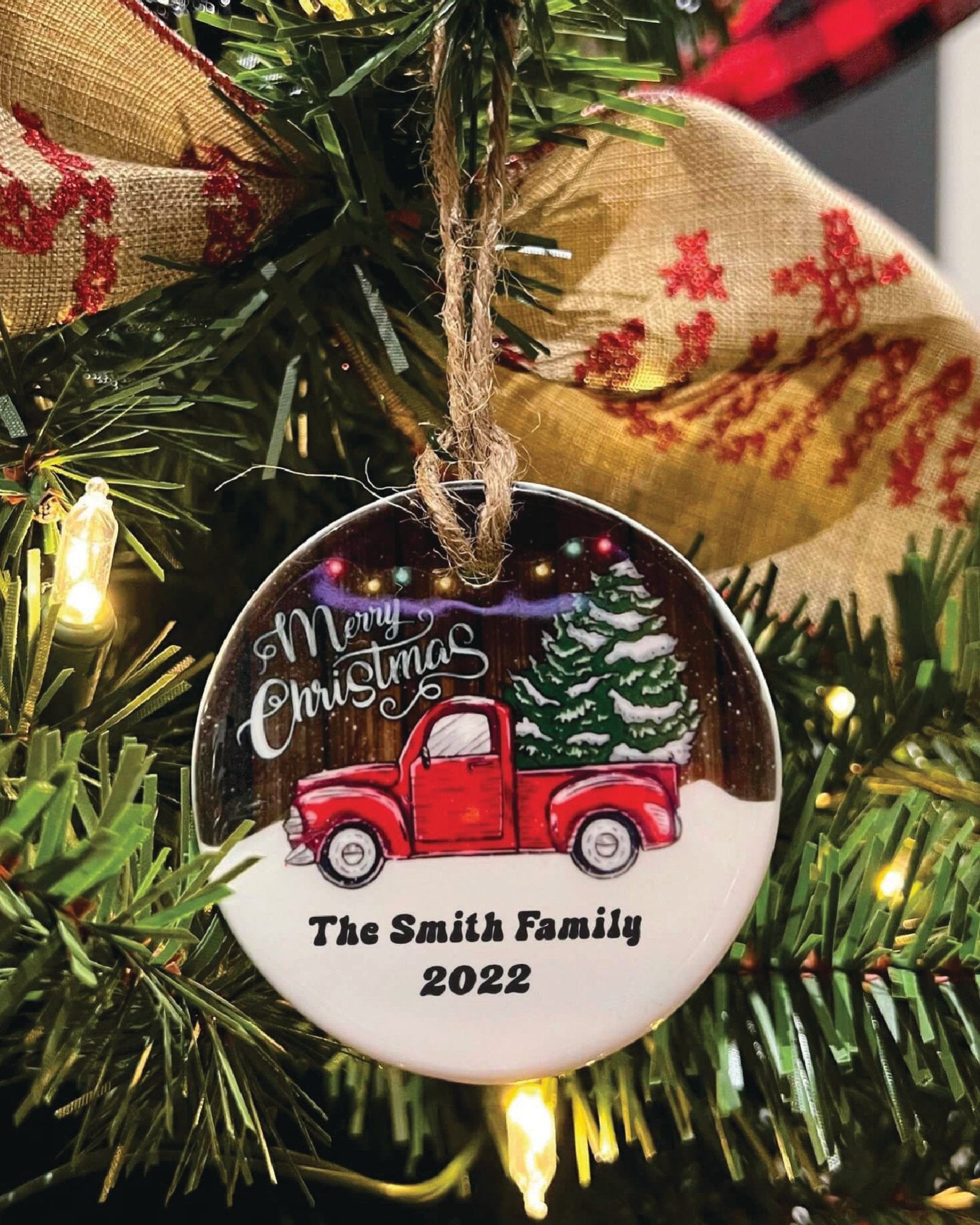 Customizable Red Truck Merry Christmas Ornament