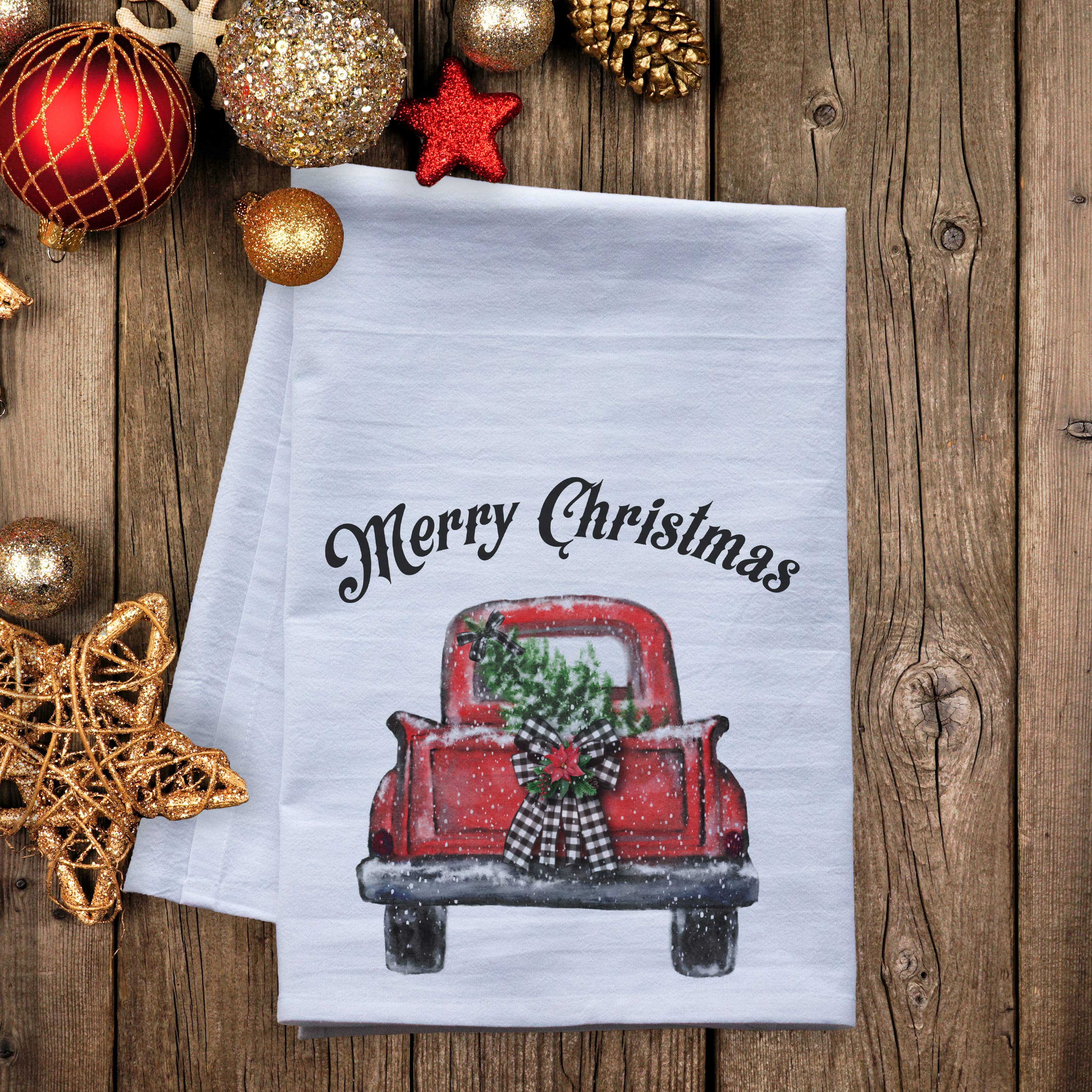 Red Christmas Truck w/ bow Flour Sack Tea Towel