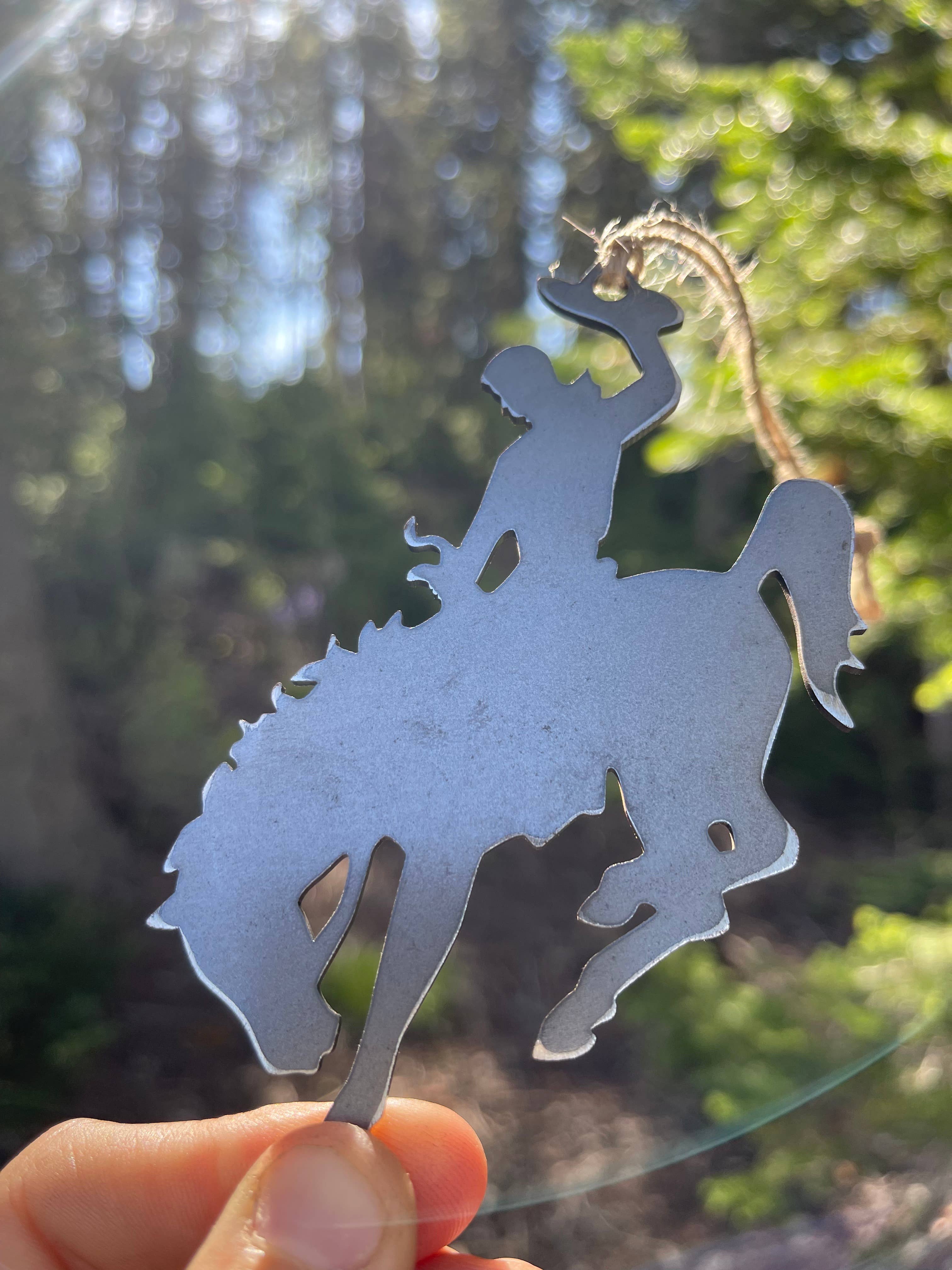 Wyoming Cowboy Bucking Bronco Raw Steel Metal Ornament