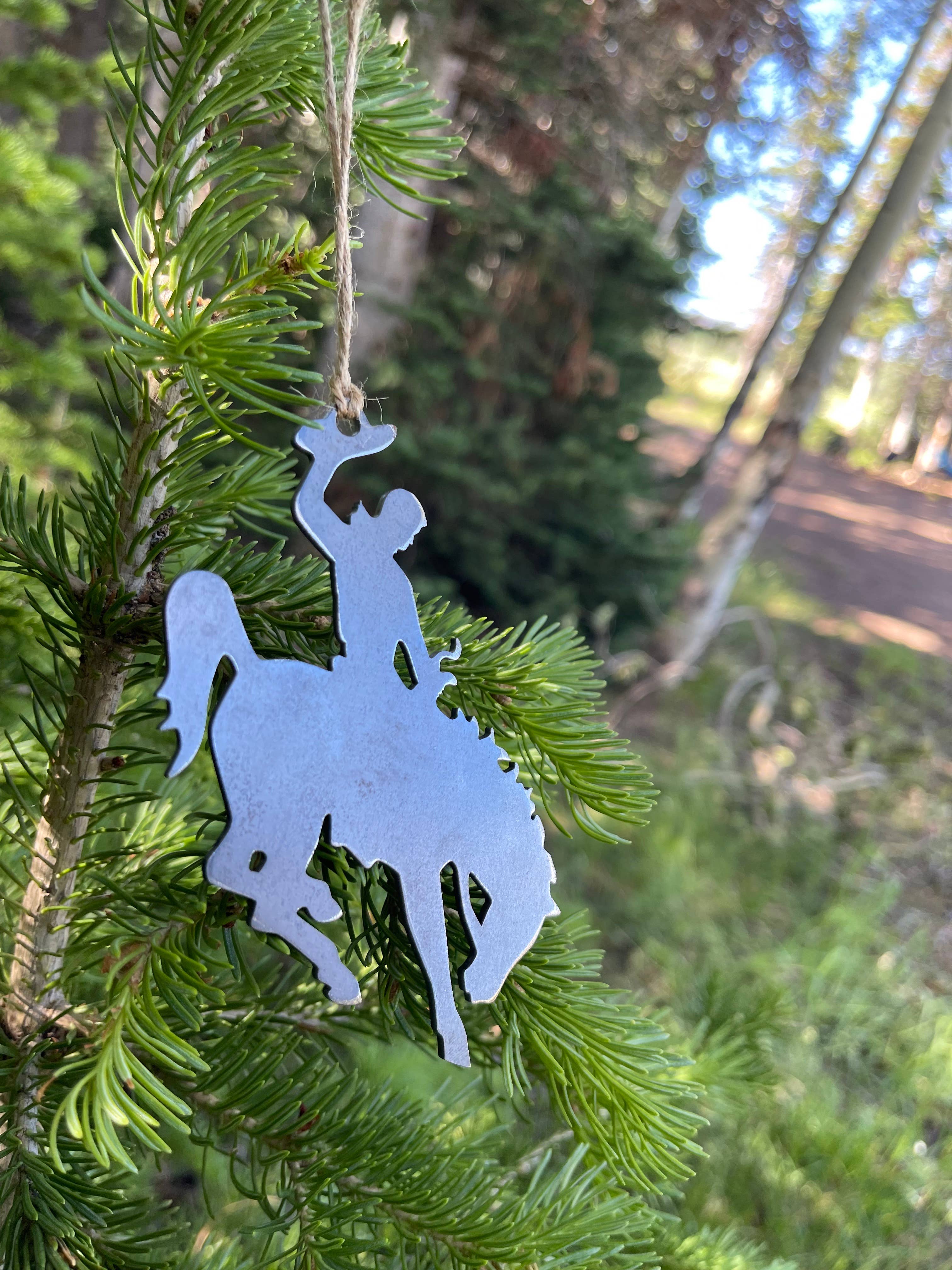 Wyoming Cowboy Bucking Bronco Raw Steel Metal Ornament