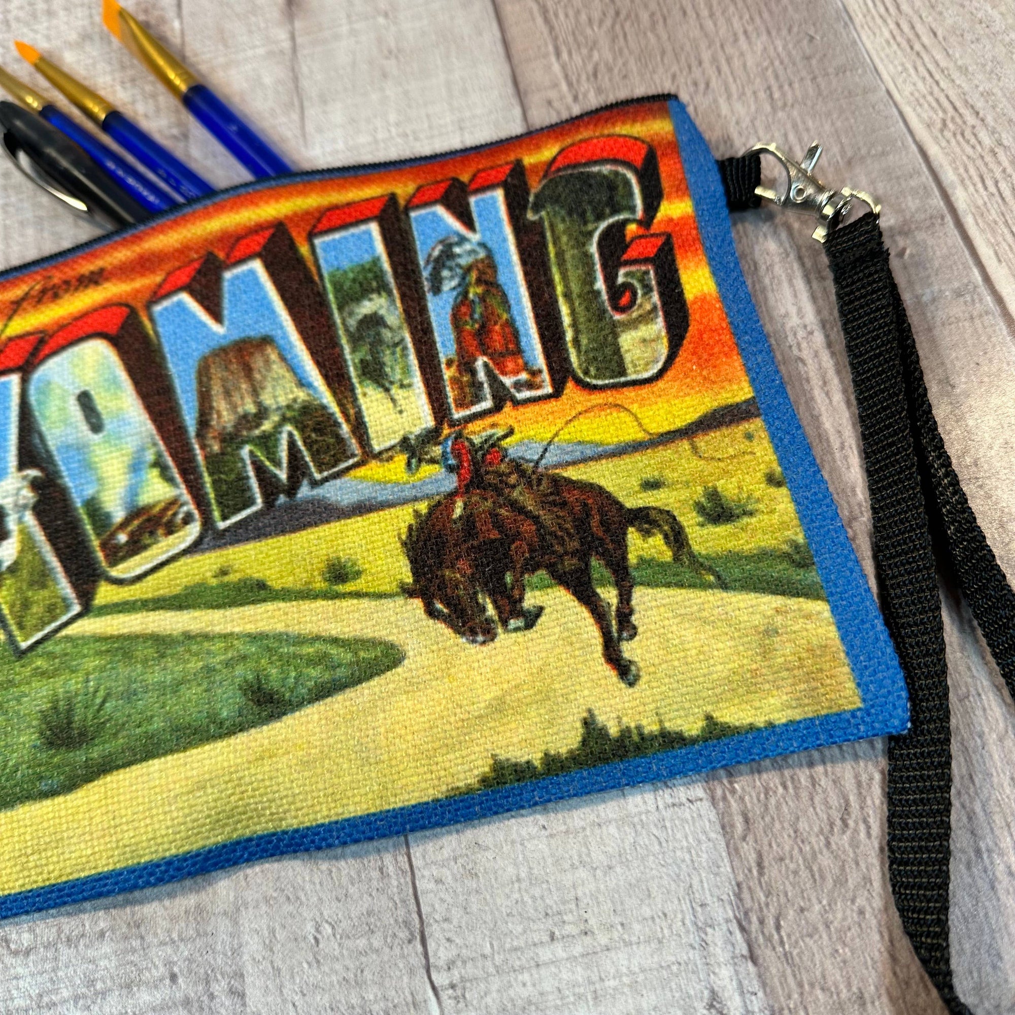 Greetings from Wyoming  linen bag with wristlet strap
