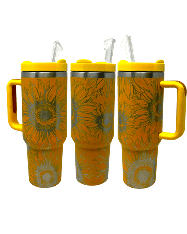 Take a sip from the 40 oz. Sunflower Stanley Dupe tumbler! Not only is it a total looker, this baby can keep your hot drinks hot and cold drinks cold for up to 24 hours