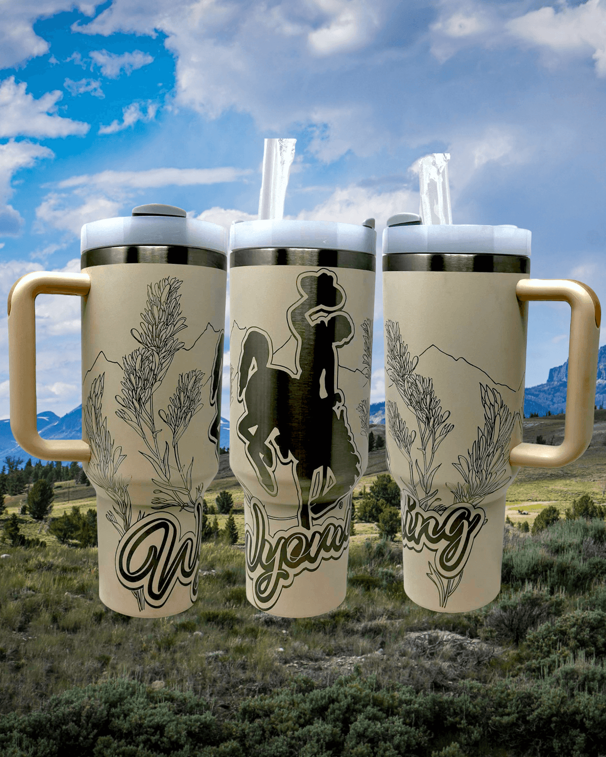This 40 oz Wyoming Steamboat Indian Paintbrush Stanley Dupe is the ultimate way to carry your daily H2O. Get your hands on a cool, classic design that won&#39;t go unnoticed and is perfect for hiking, camping, or just playing unofficial bodyguard to all your expensive outdoor gear.