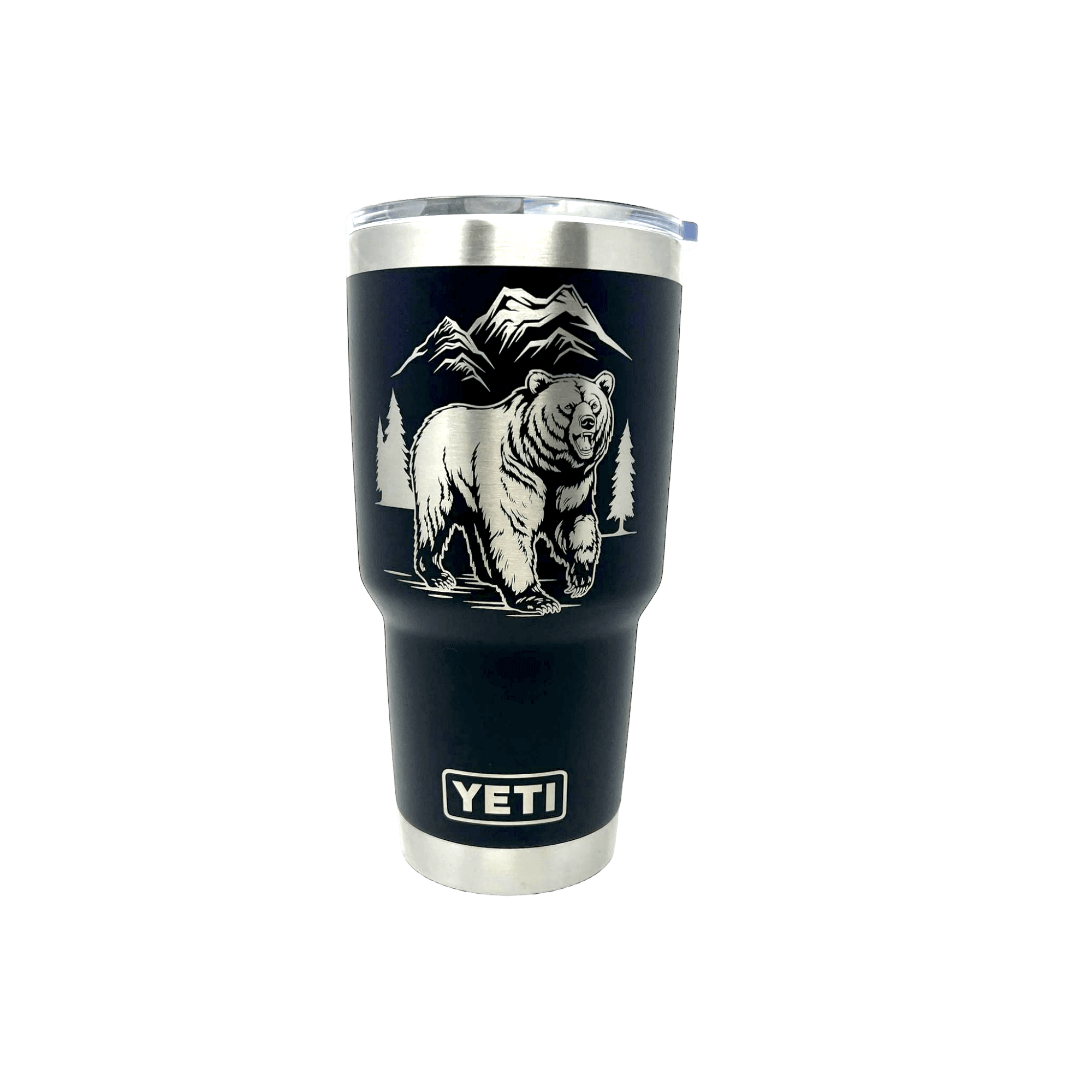 Grizzly Bear artwork laser engraved - silver on black Yeti tumbler with white background in photo
