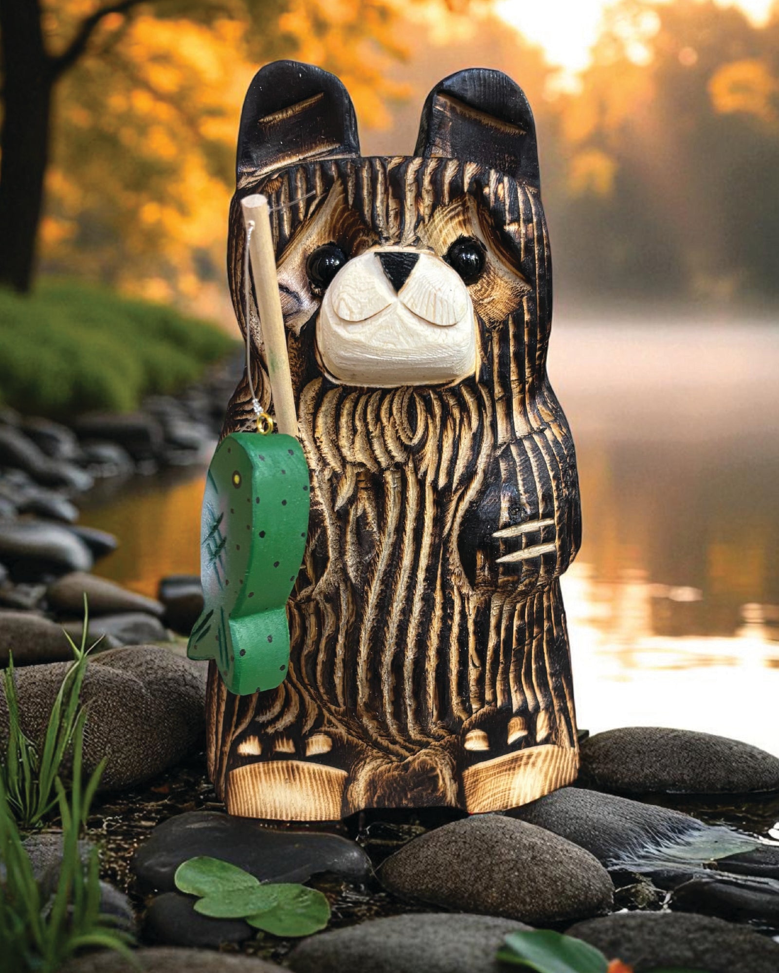 10" Wooden Fishing Bear