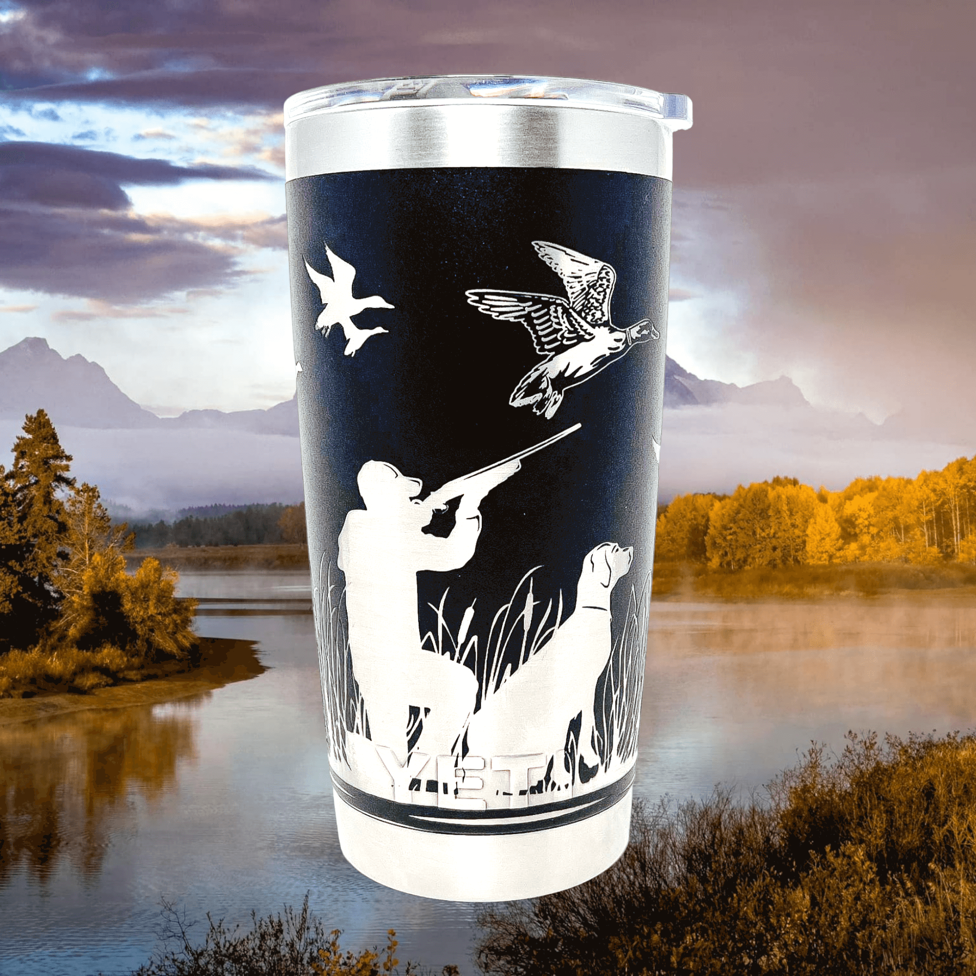 Duck Hunting Yeti tumbler with outdoor scene in background of photo