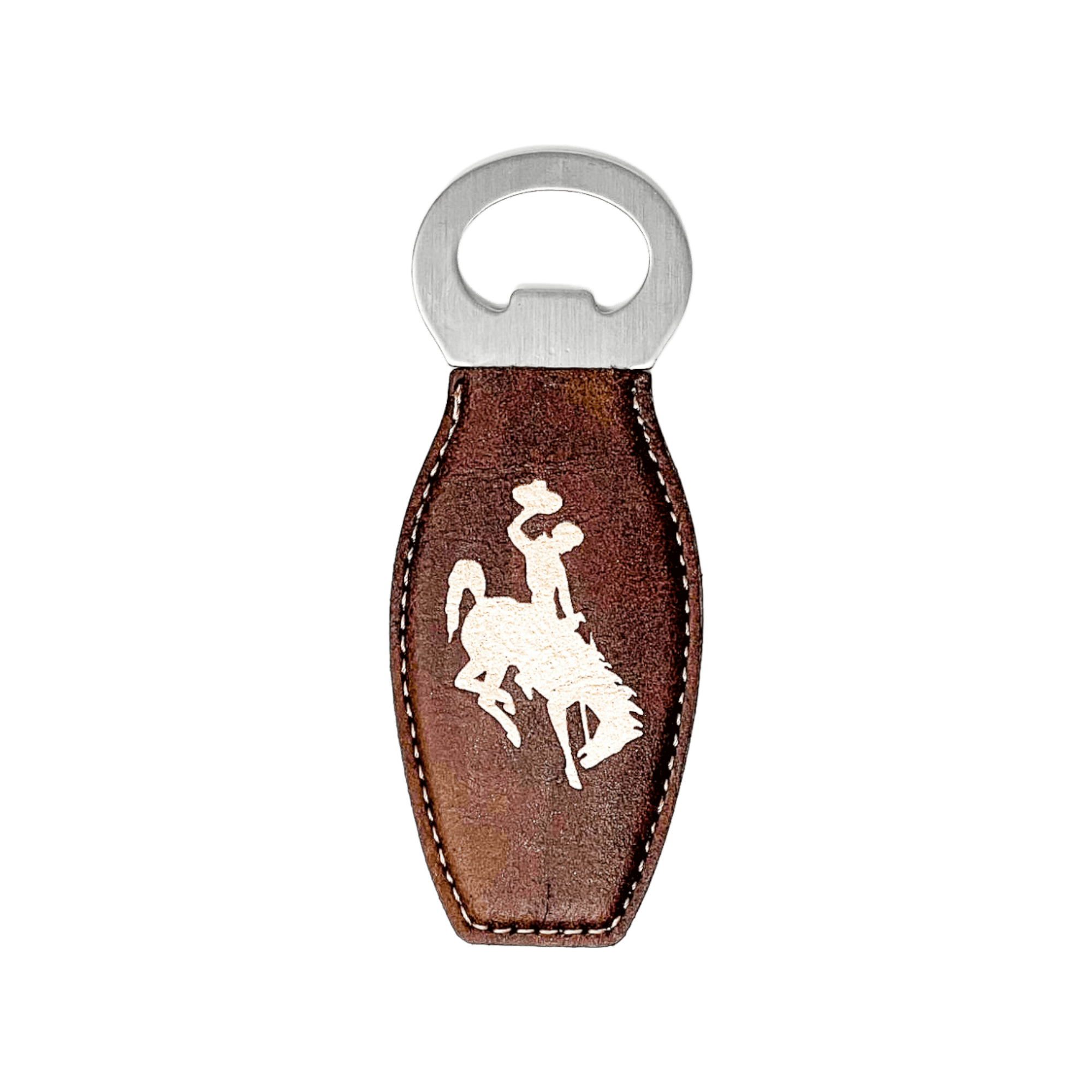 Steamboat leather bottle opener with Wyoming Cowboys logo