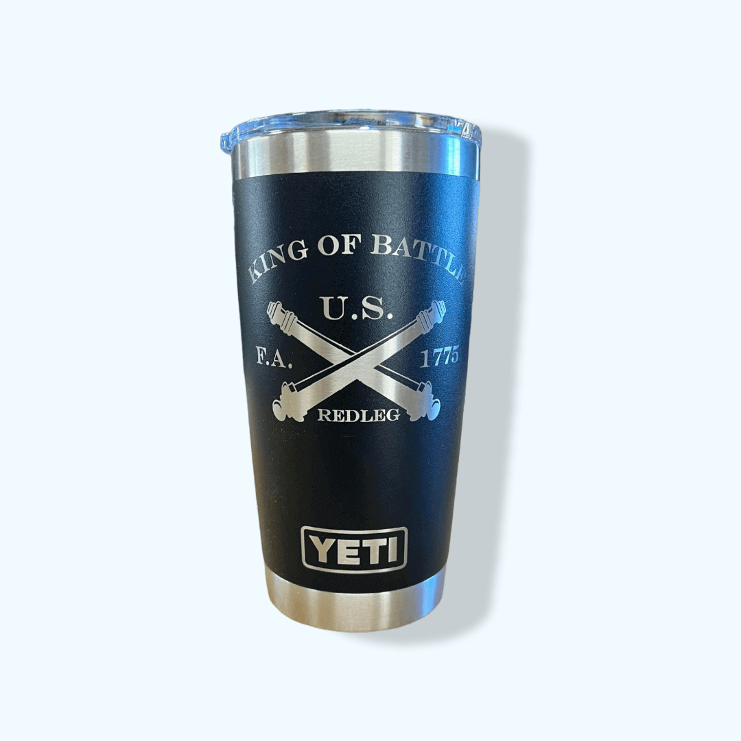 Artillery King of Battle artwork laser engraved - silver on black Yeti tumbler with white background in photo