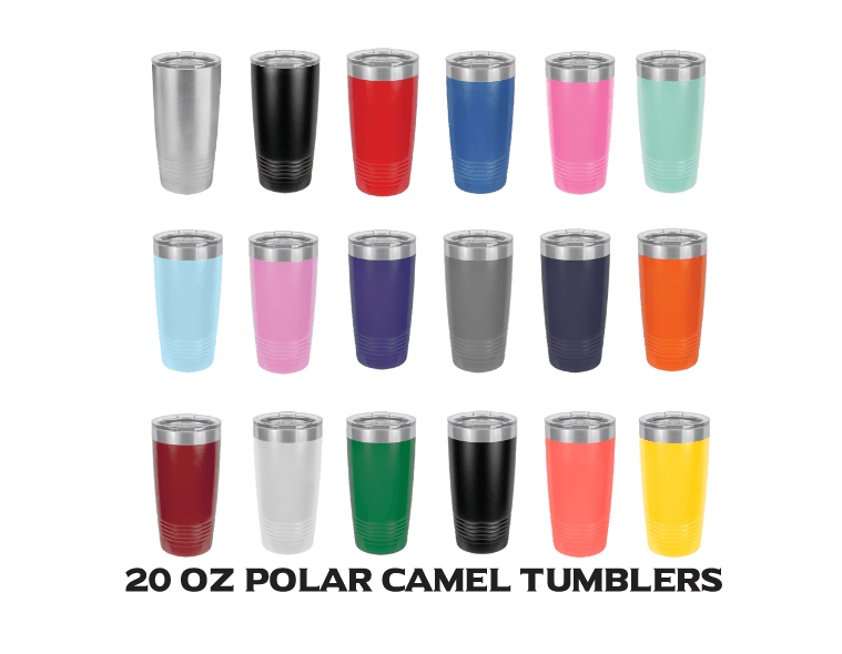 Collage photo that displays all 18 available colors in the 20 ounce Polar Camel tumblers for laser engraving