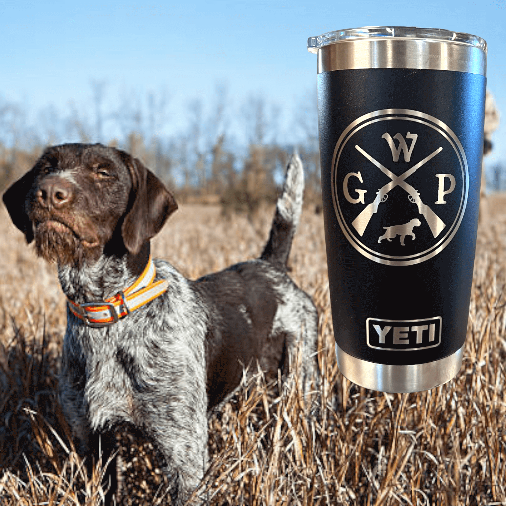 German wirehaired pointer (GWP) laser engraved artwork- silver on black Yeti Rambler tumbler with dog in Wyoming landscape