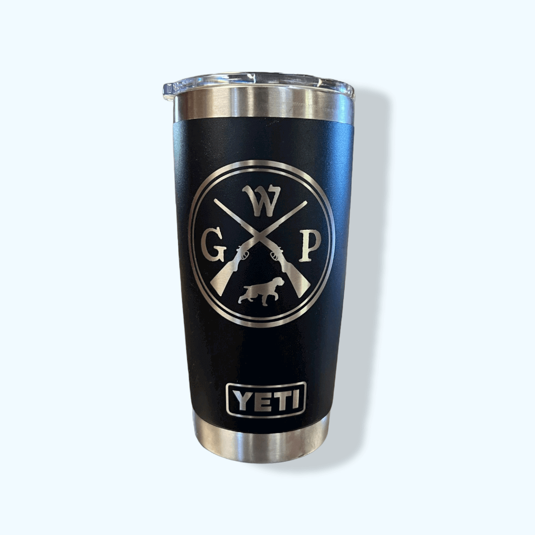 German wirehaired pointer (GWP) laser engraved artwork - silver on black Yeti Rambler tumbler with white background