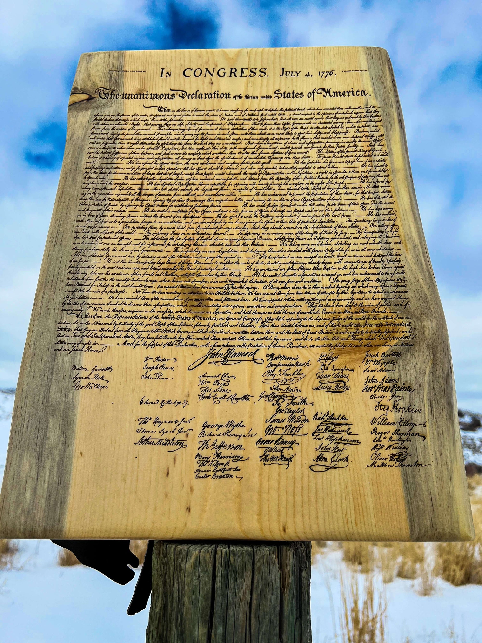 Declaration of Independence laser engraved onto a pine slab with live edge.  Wind River Outpost