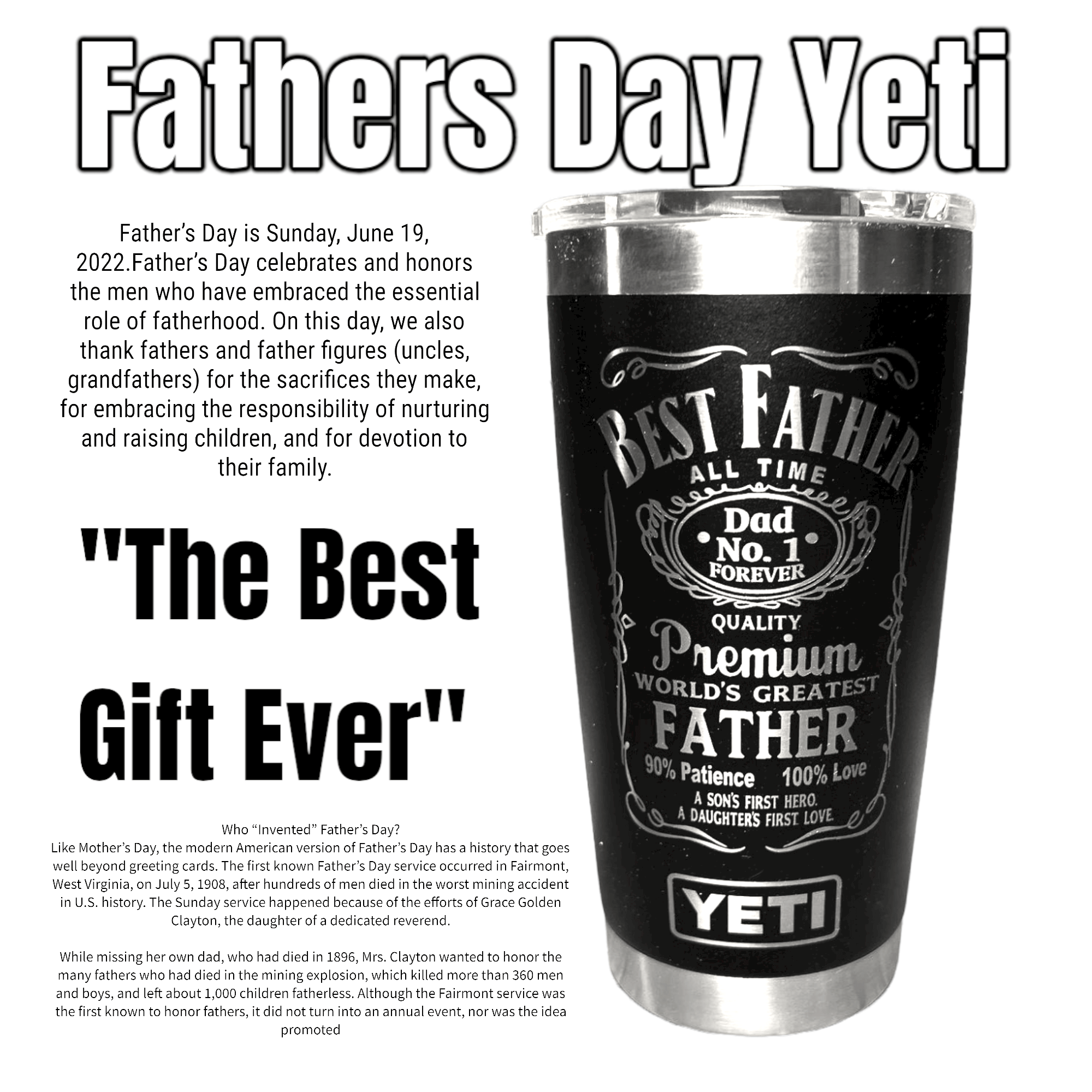 Best Father graphic laser engraved - silver on black Yeti tumbler with Father's Day text in background of photo