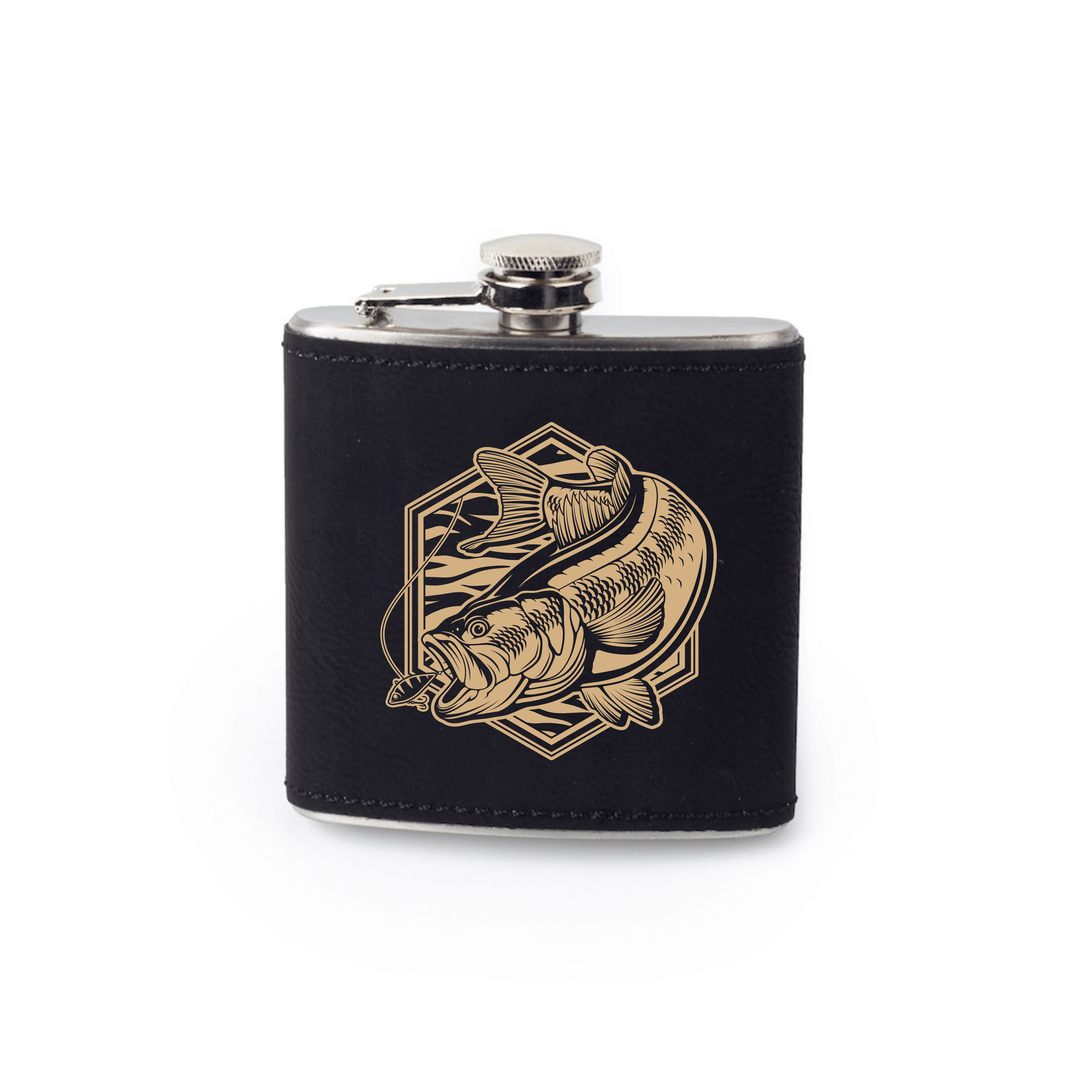 Bass Fishing Flask with bass artwork by Joel Jensen Art  laser engraved - gold on black leather
