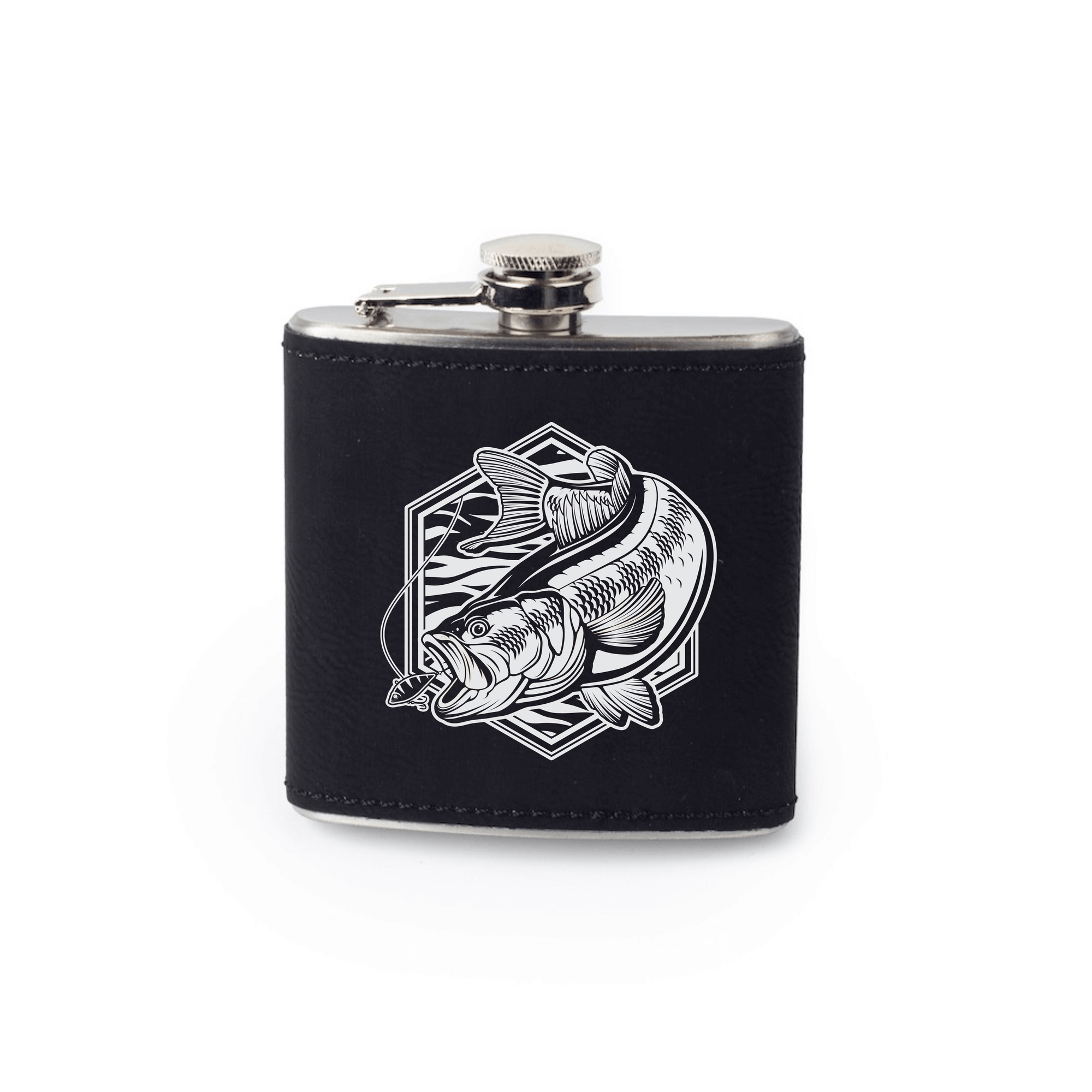 Bass Fishing Flask with bass artwork by Joel Jensen Art laser engraved - silver on black leather