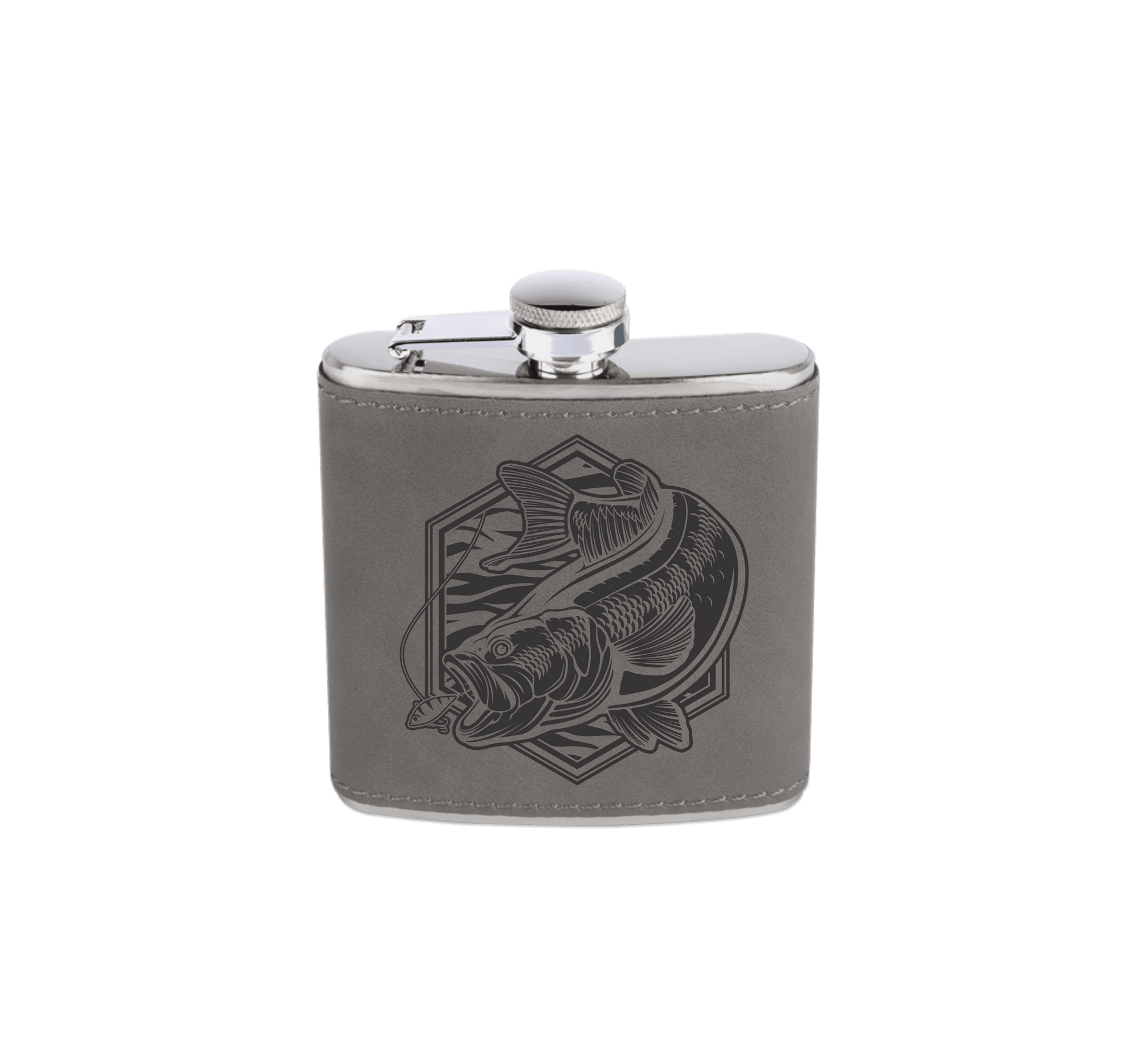 Bass Fishing Flask with bass artwork by Joel Jensen Art laser engraved - black on gray leather