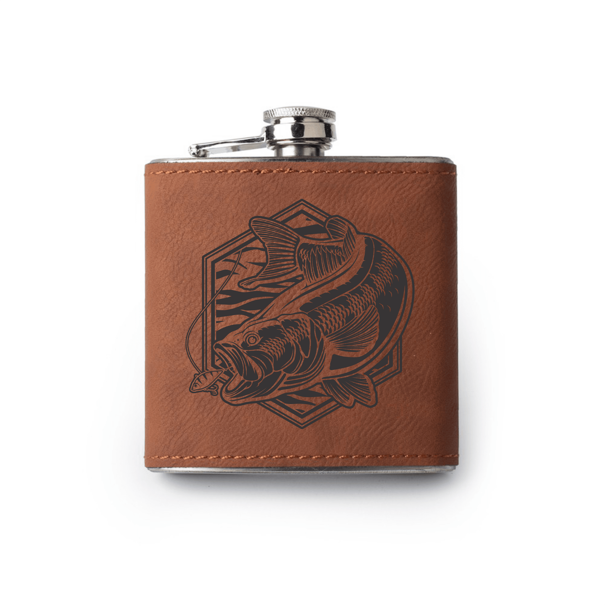 Bass Fishing Flask with bass artwork by Joel Jensen Art laser engraved - black on rawhide brown leather