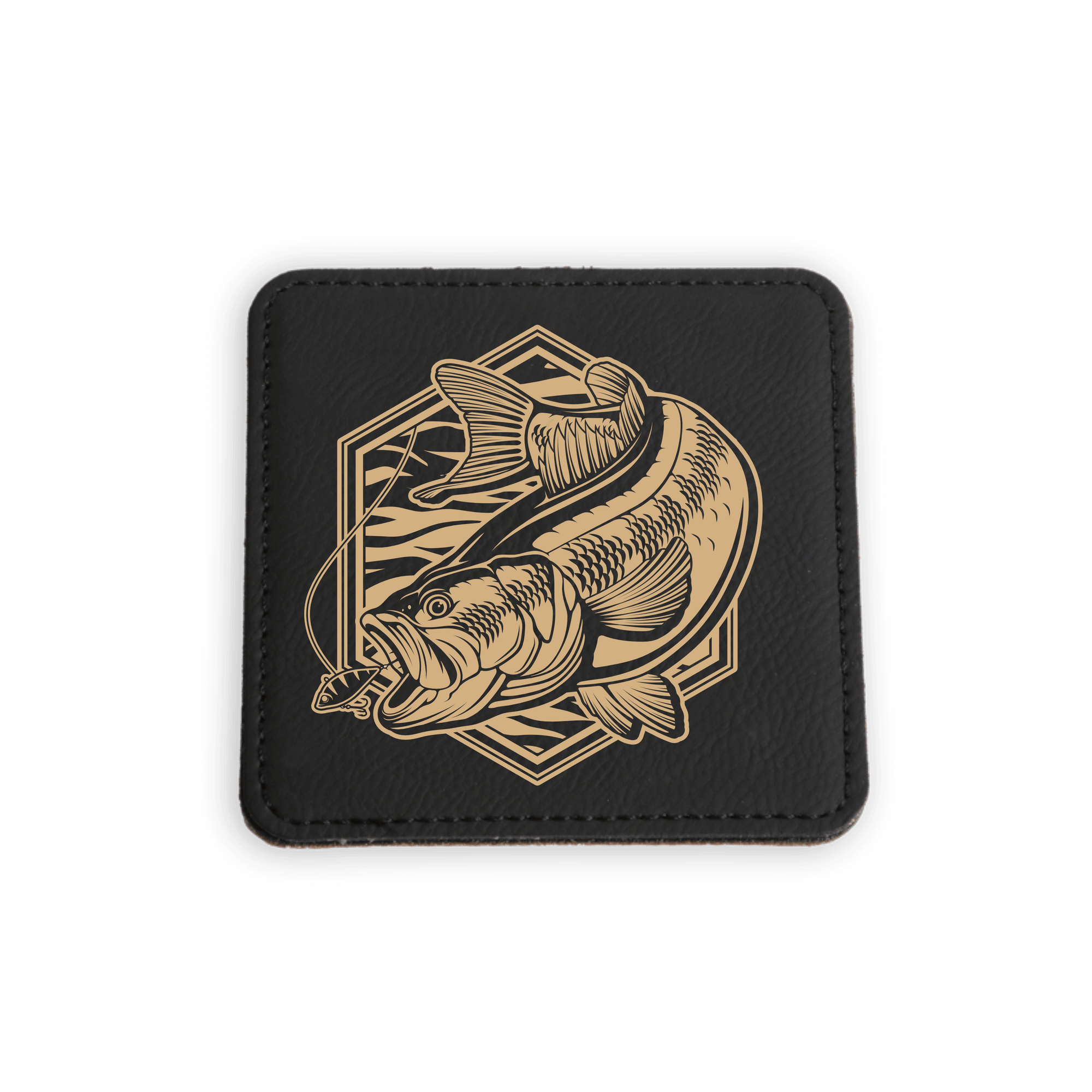 Set of 6 leather bass fishing coasters, color shown here is black leather with gold laser engraved bass art by Joel Jensen Art design