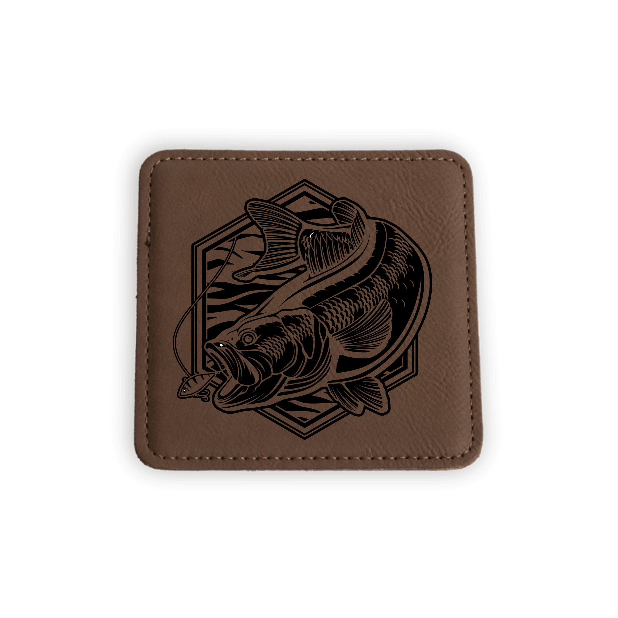 Set of 6 leather bass fishing coasters, color shown here is dark brown leather with black laser engraved bass art by Joel Jensen Art design
