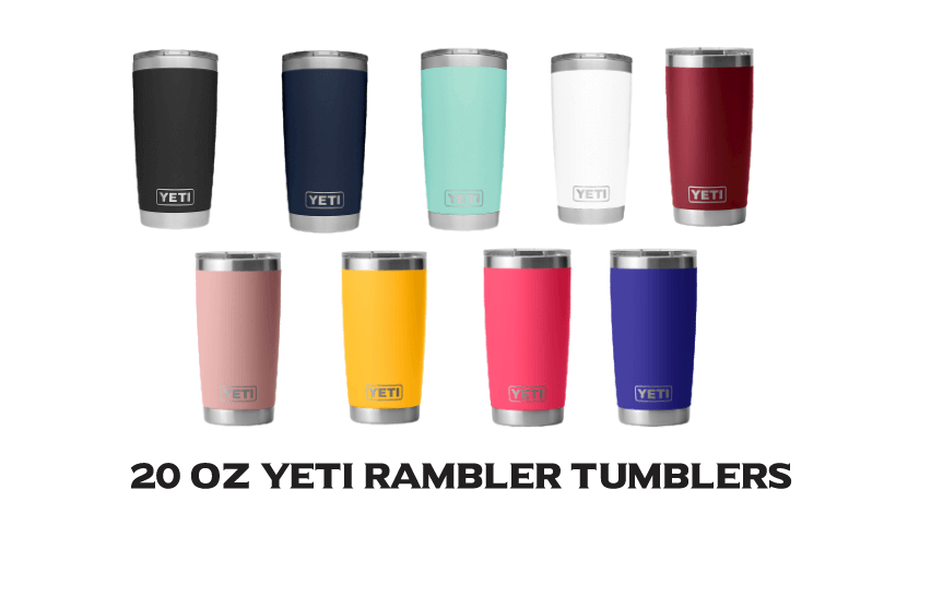 Collage photo that displays all 9 available colors in the 20 ounce Yeti Rambler tumblers for laser engraving