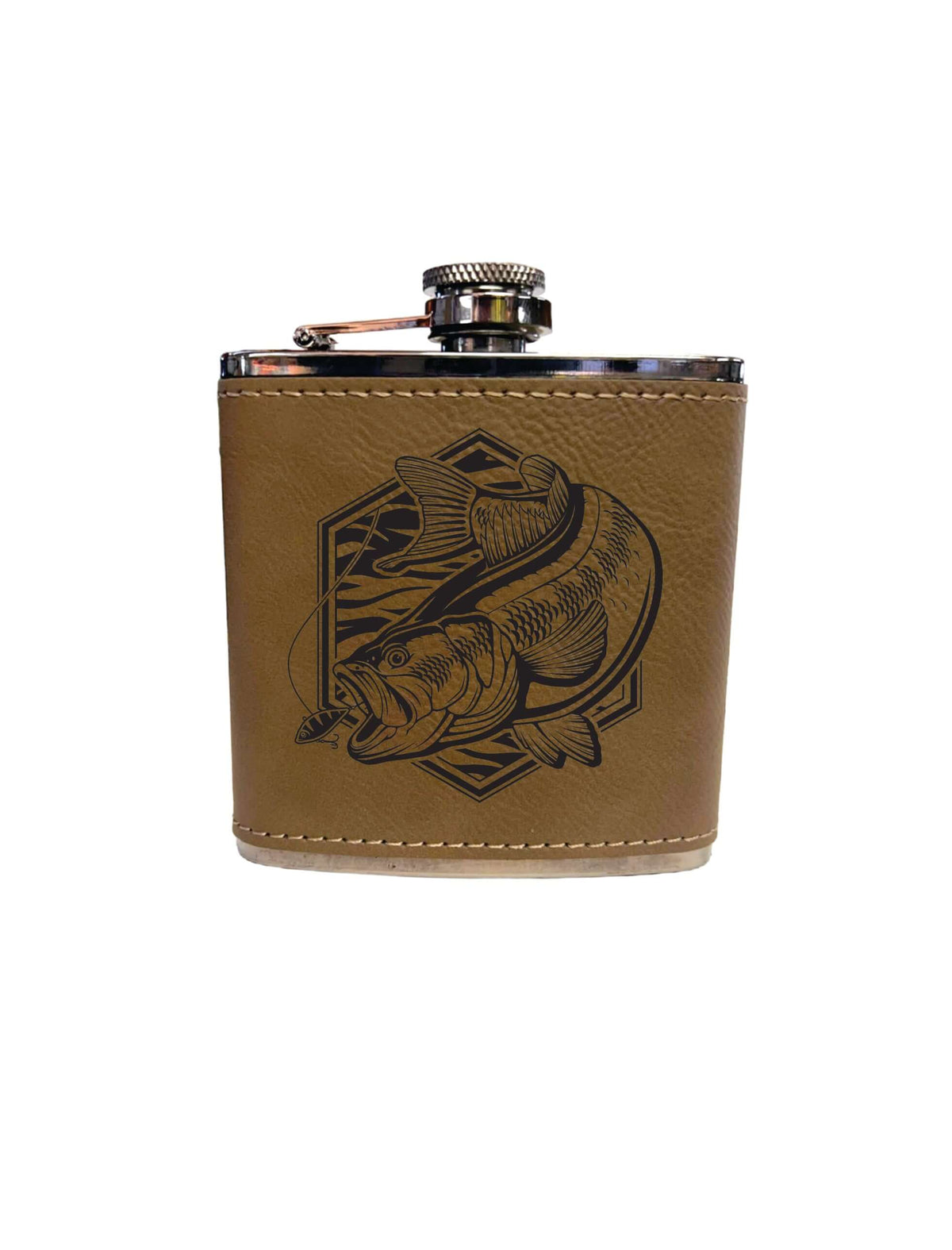 This 6 oz Bass Flask is crafted from durable leatherette and features an intricate engraved bass fishing design. The perfect gift for any fishing enthusiast, this flask offers an efficient way to keep your favorite beverages.