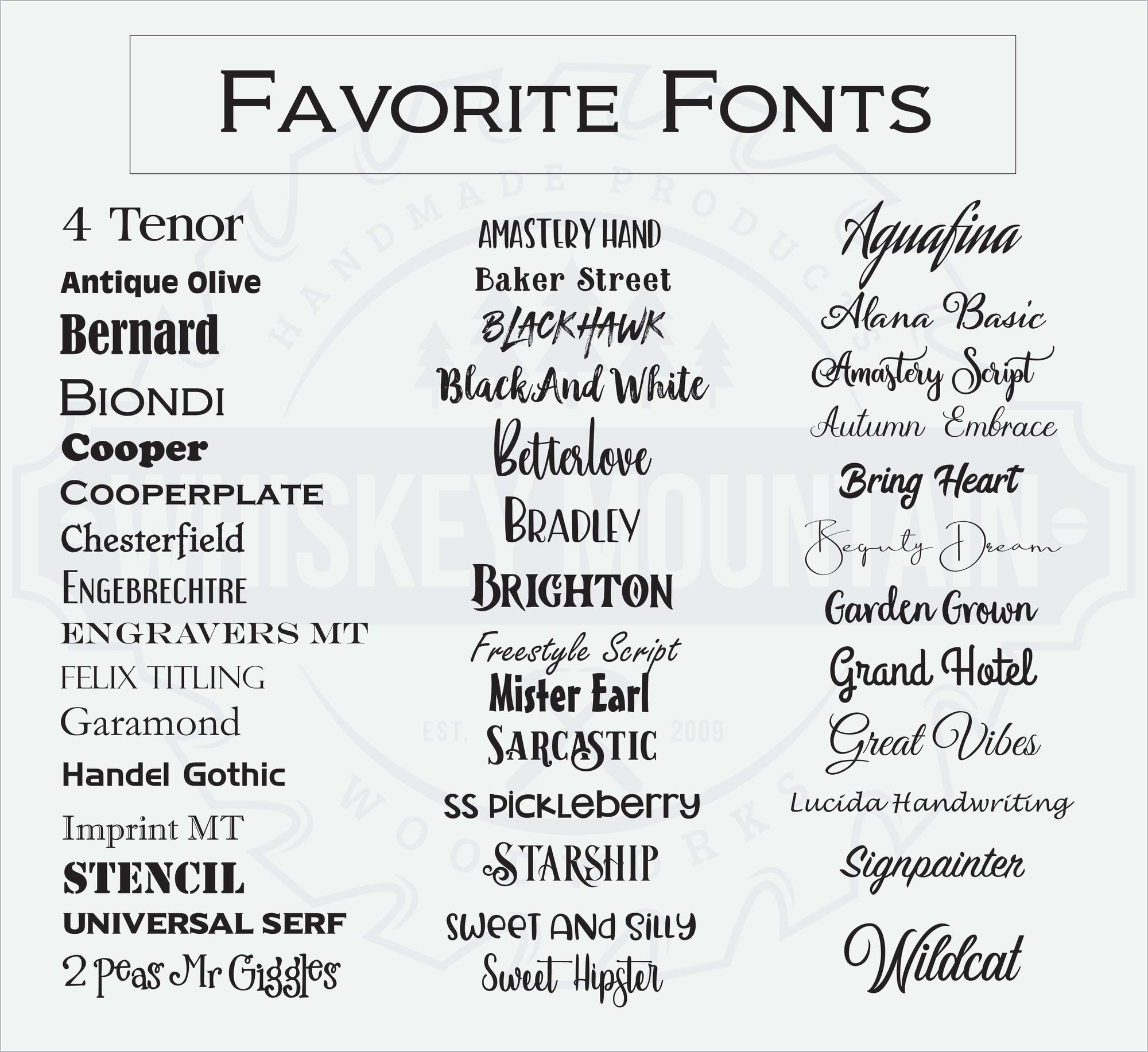 Photo displaying favorite fonts that are available for laser engraving on Yeti and Polar Camel tumblers