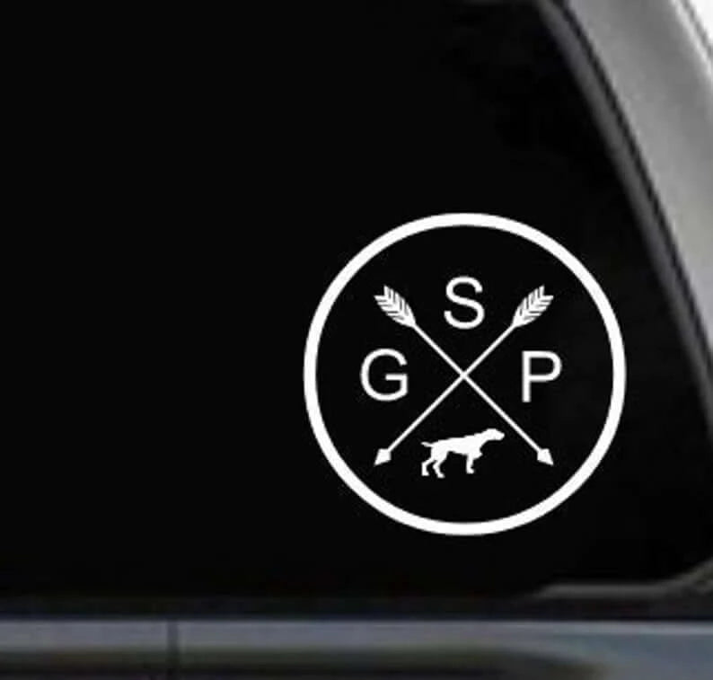 German Shorthaired Pointer (GSP) with arrows decal sticker in white for vehicle or other display