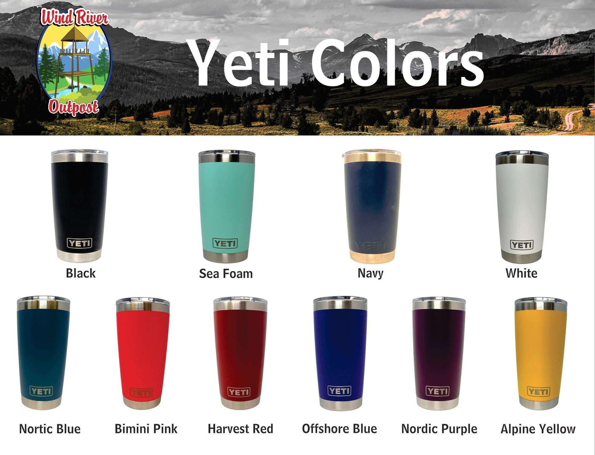 Photo showing available Yeti tumbler colors, Wind River Outpost